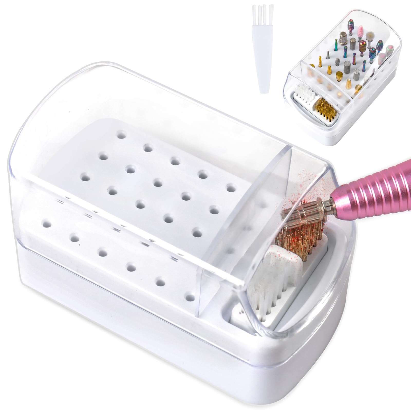 2 in 1 Nail Drill Bits Holder & Cleaner - 30 Hole Dustproof Storage Box with 3 Cleaning Brushes - White Acrylic Plastic Nail Art Kit for Professional & Home Manicure & Pedicure - Perfect for Nail Salons, DIY Nail Care & Travel Beauty Essentials