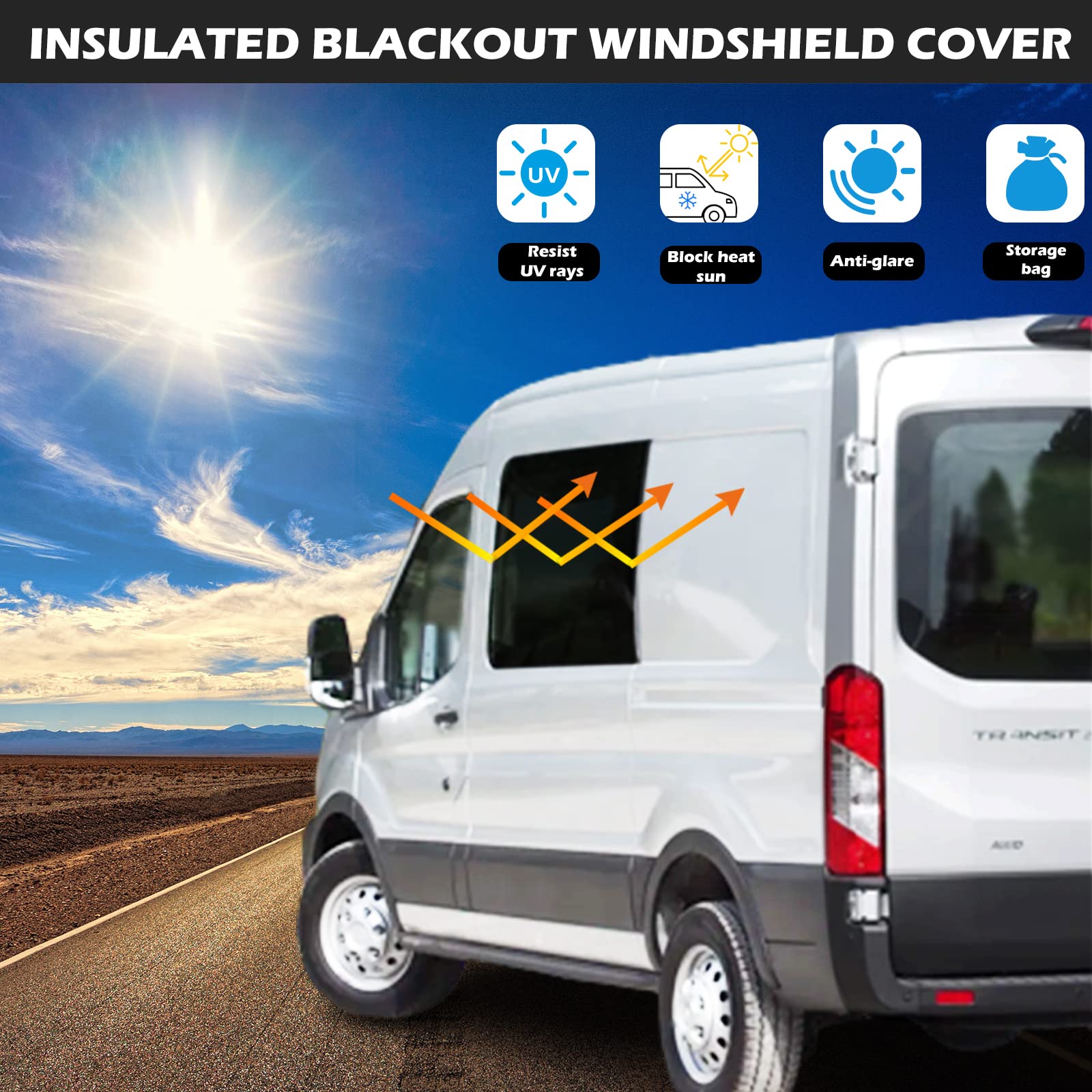 Foldable Insulated Blackout Sun Shade Cover for Ford Transit Van 2015-2022 - Crew Window & Windshield Protector for Heat, UV Rays & Privacy - Perfect for Camping, Travel & Parking