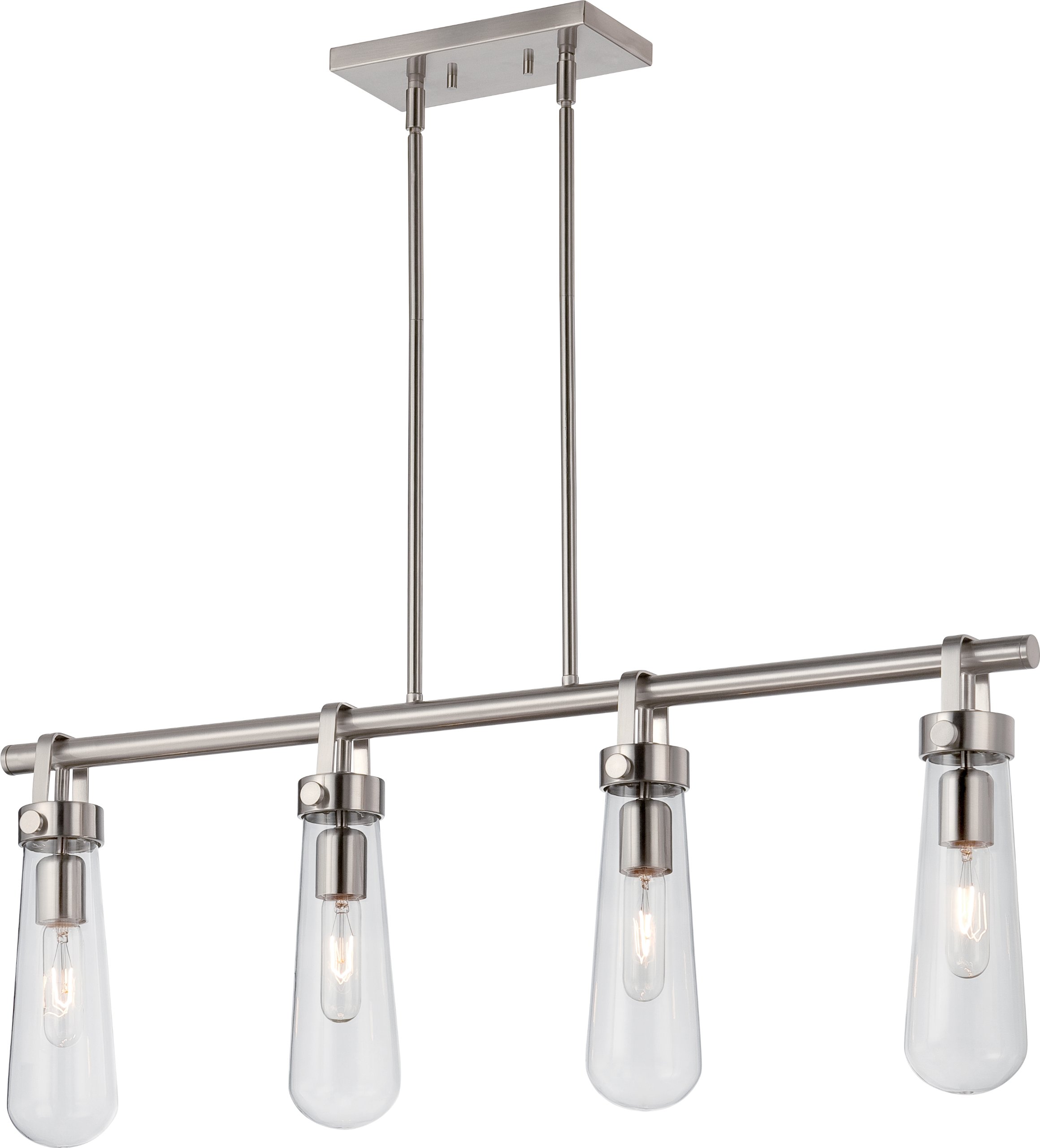Nuvo Lighting 60/5265 Beaker Four Light Trestle - 20 Watt T9 Vintage S2415 Lamps Included - Clear Glass Brushed Nickel Fixture for Kitchen Island, Dining Room, or Bar Counter Lighting