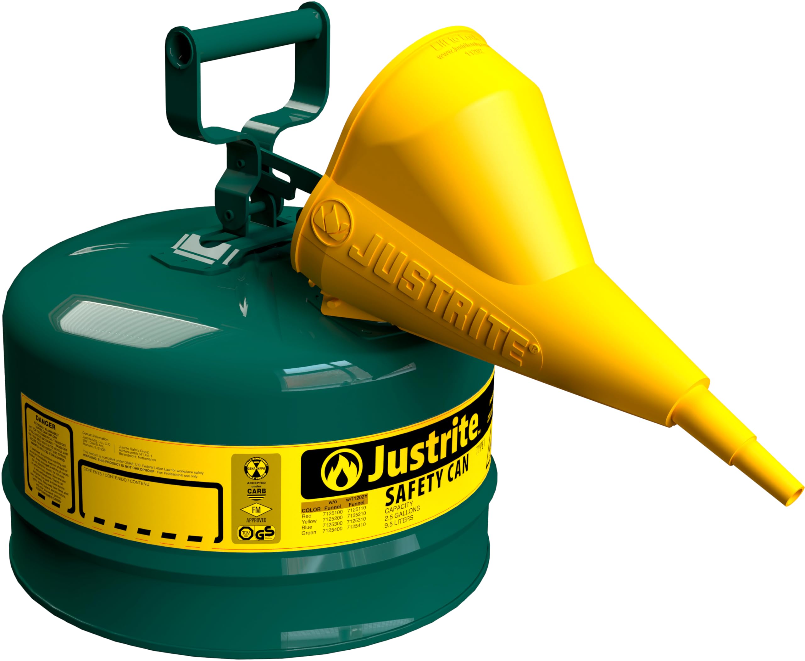 Justrite 2.5 Gallon Type I Green Safety Can for Oil Storage | Flame Arrester & Self-Closing Lid | Made in USA Galvanized Steel Flammable Liquid Container | Ideal for Garage, Workshop & Industrial Use