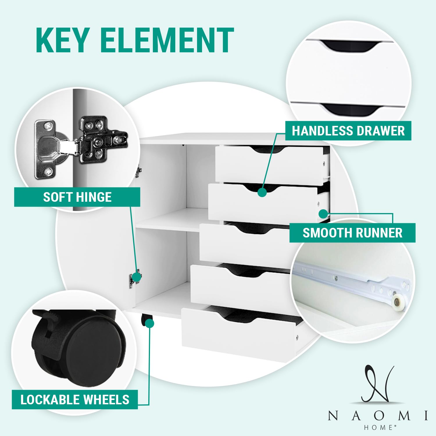 Naomi Home Amy 5-Drawer Rolling Dresser - White Wooden Storage Cabinet with Wheels, 180 lbs Capacity | Craft Organization, Makeup Vanity & Office File Storage | Perfect for Bedroom, Closet & Home Office Organization