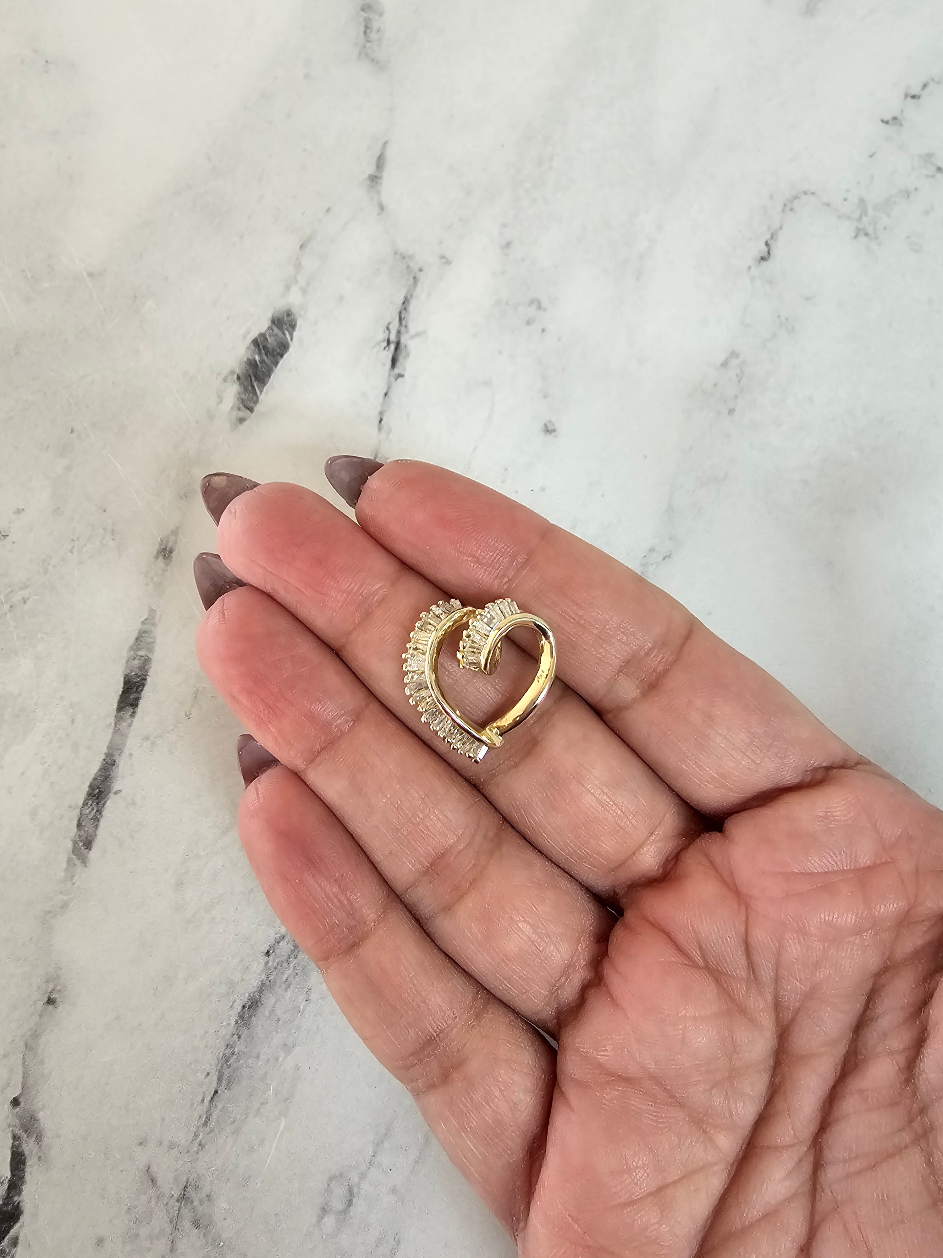 14K Yellow Gold Floating Diamond Baguette Heart Shaped Necklace - Elegant Valentine's Gift for Her, Anniversary Jewelry, Romantic Date Night Accessory