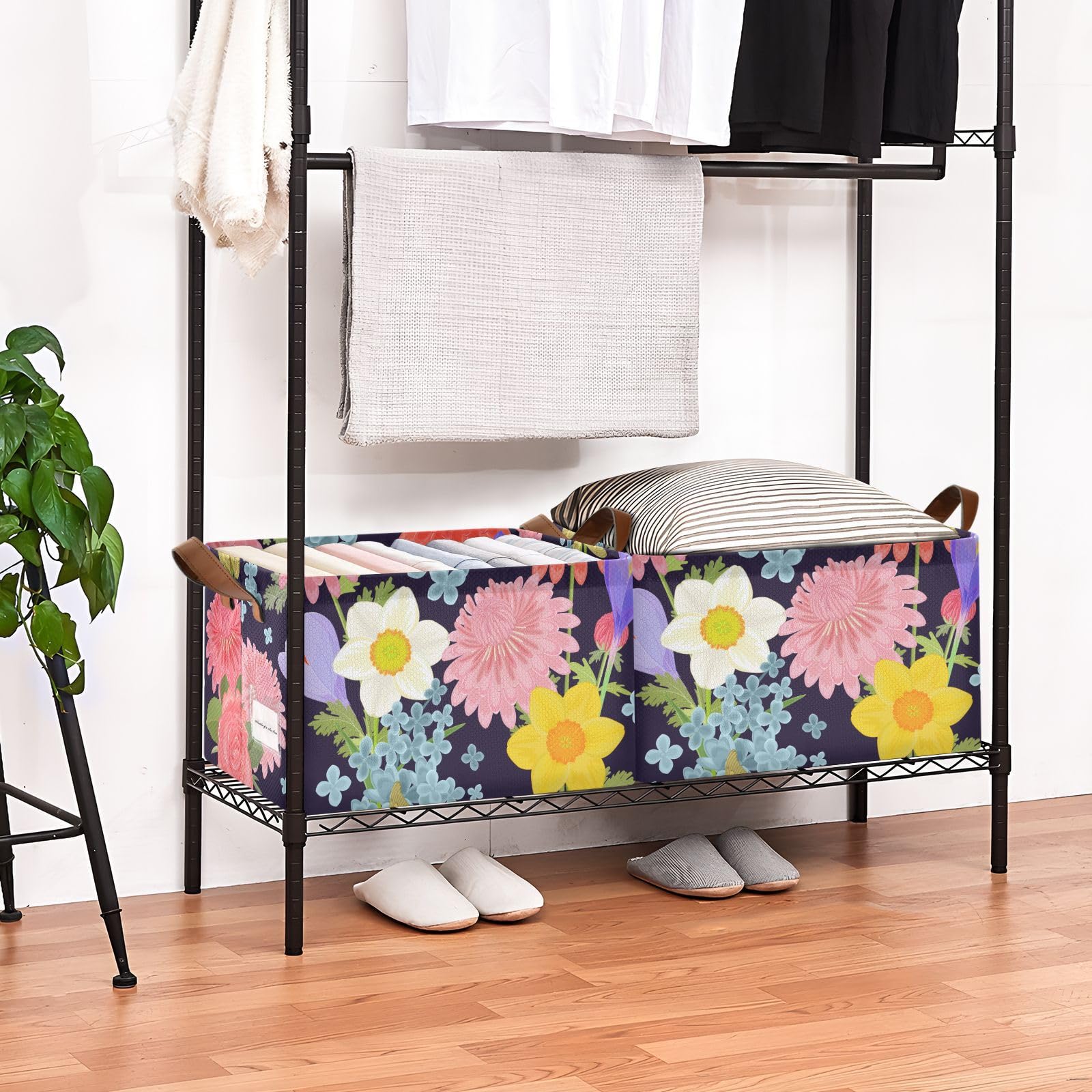 Bright Floral Pattern Storage Bins with Handles - 2 Pack Closet Organizer for Clothes, Jeans, Books | Versatile Home & Office Storage Solution for Bedroom, Bathroom, and Kids Room Organization