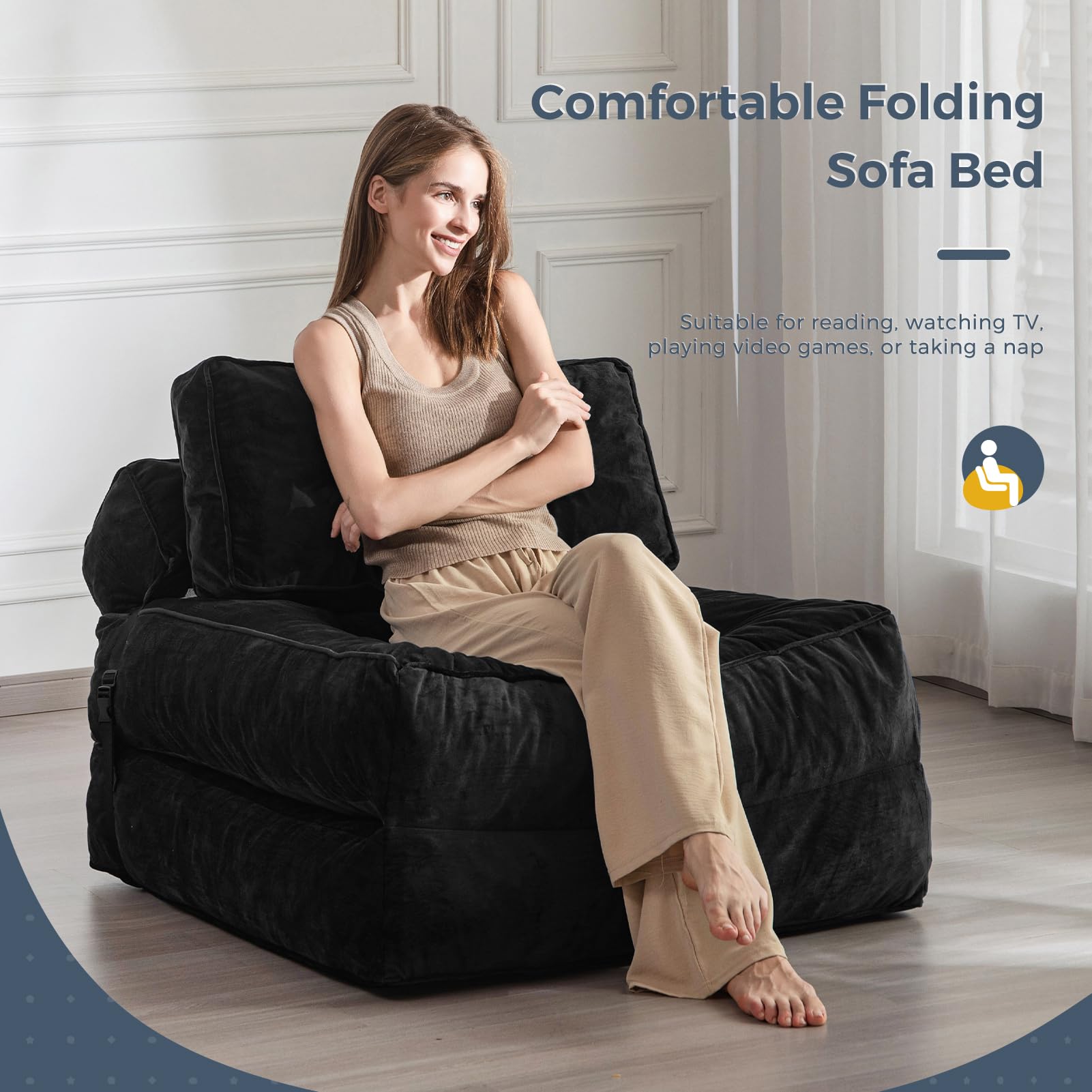 MAXYOYO Velvet Convertible Sleeper Sofa Bed - Foldable Futon Chair with Pillow for Small Spaces, Guest Room & Apartment - Portable Fold Out Bed in Black - Perfect for Living Room, Studio & Dorm