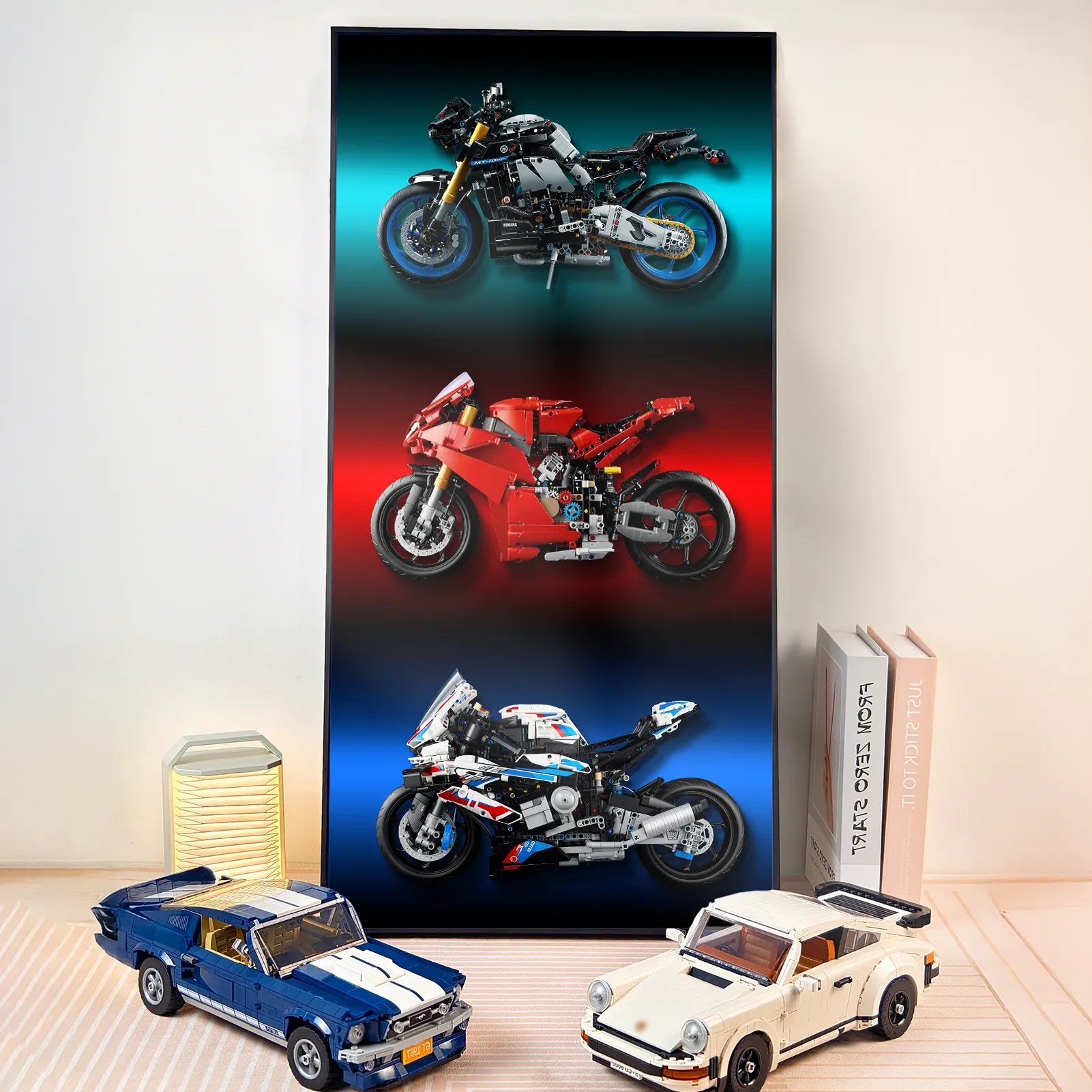 LEGO Motorcycle Display Stand for Yamaha 42159, Ducati 42202 & BMW 42130 - Wall Mount Frame for LEGO Technic Motorcycle Sets - Perfect for Showcasing Collections in Bedroom, Office or Game Room