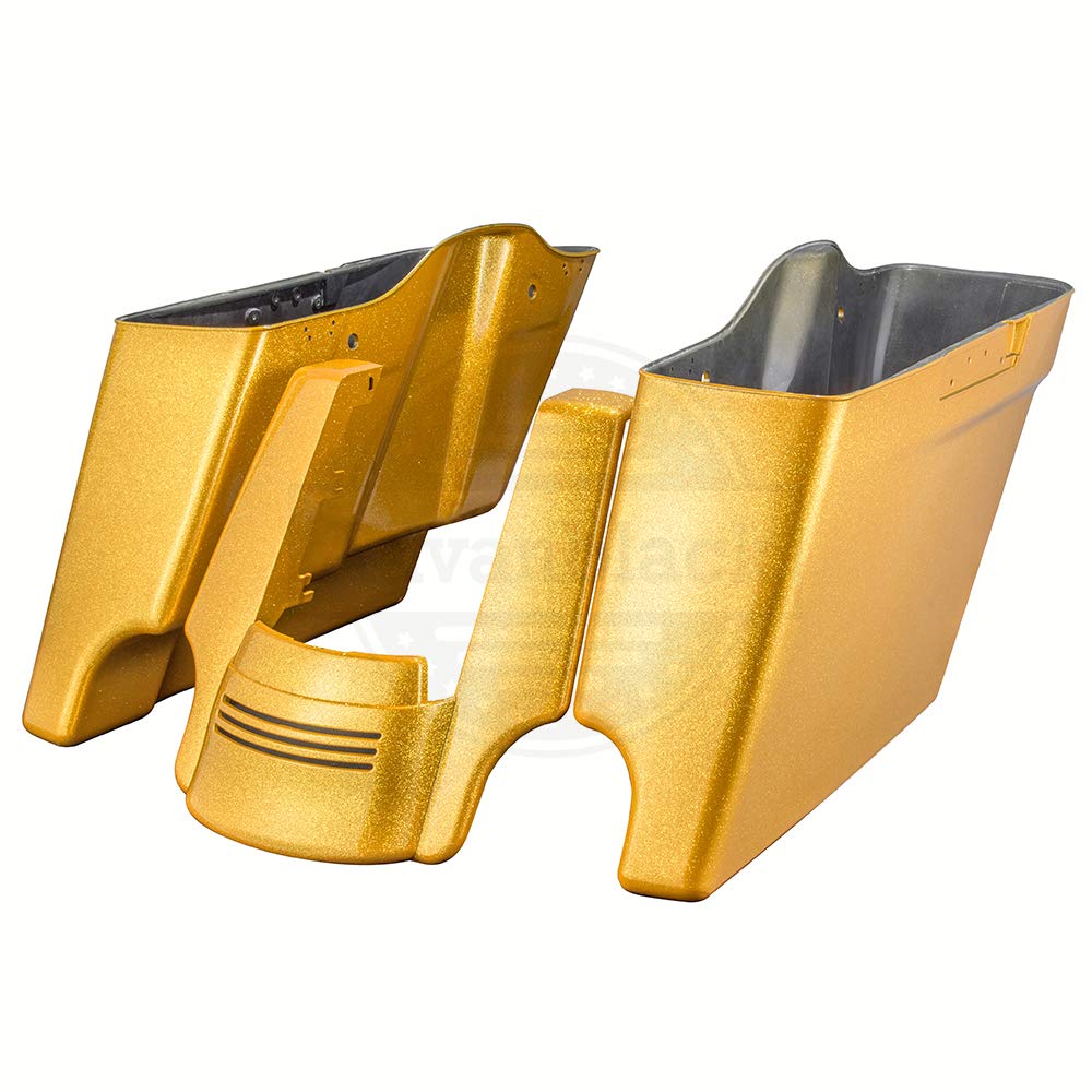 Gold Flake Harley Stretch Motorcycle Saddle Bags & Fender Extensions - Premium Accessories for 2014+ Harley Davidson Touring Bikes - Perfect for Long Rides & Road Trips