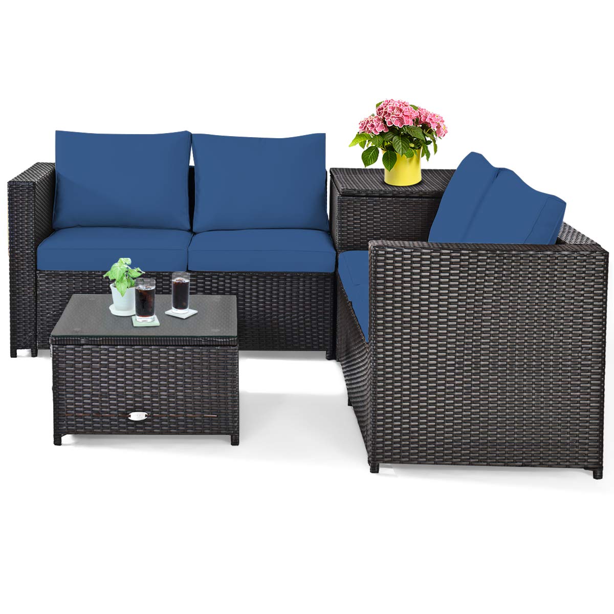 HappyGrill 4-Piece Patio Furniture Set - Outdoor Rattan Wicker Conversation Sofa with Storage Box & Tempered Glass Coffee Table - Perfect for Backyard, Garden, Porch, Poolside & Outdoor Entertaining