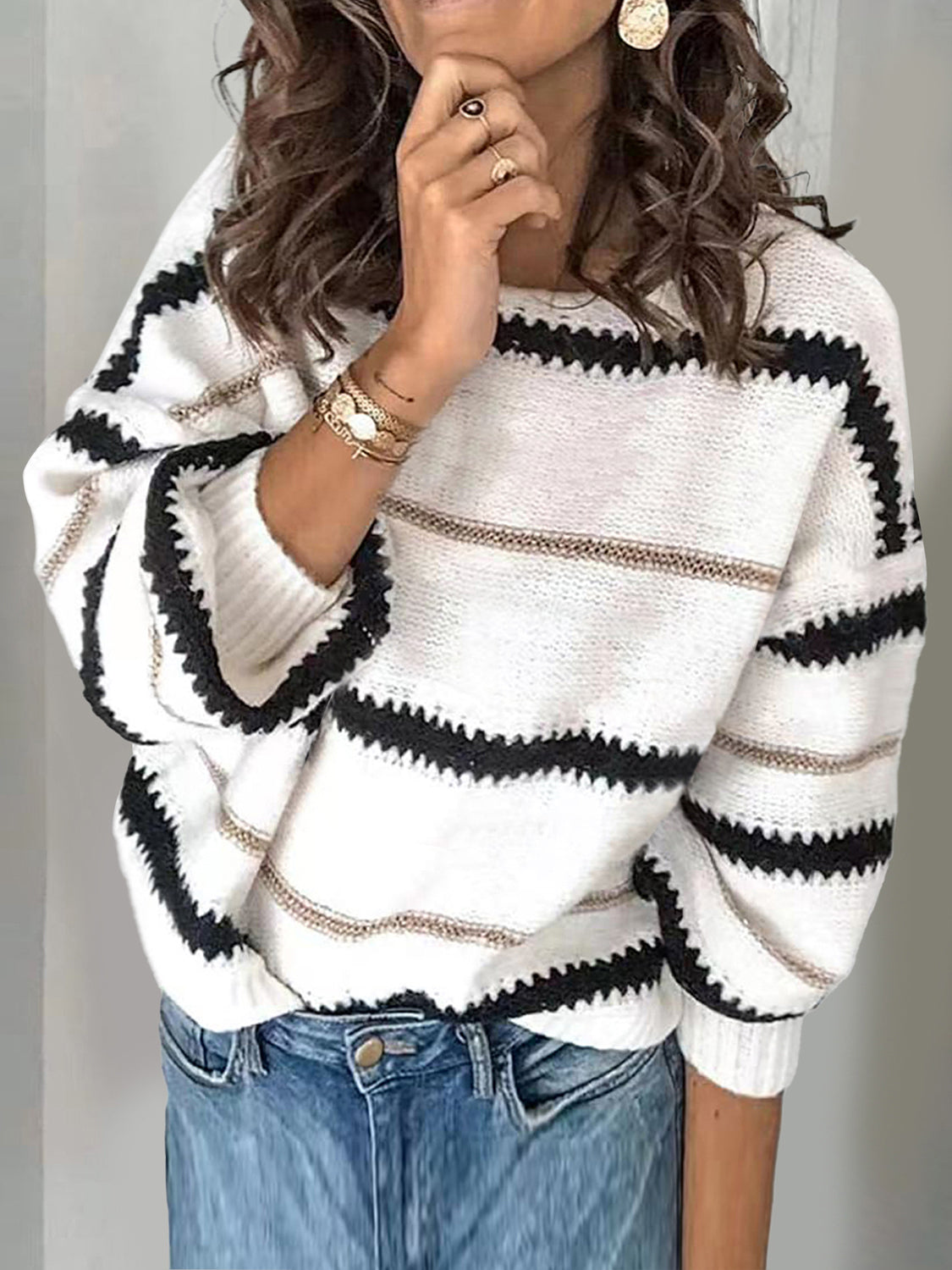 Stylish Contrast Striped Round Neck Long Sleeve Sweater for Women - Cozy Fall & Winter Fashion, Perfect for Office, Casual Outings and Date Nights