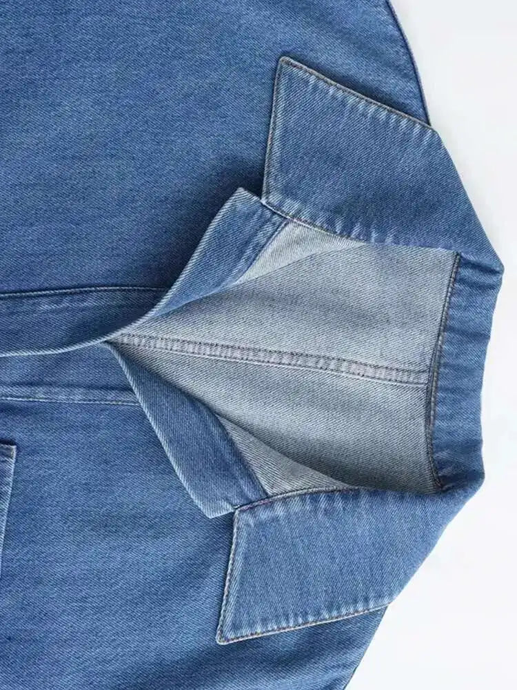 Big Size Blue Denim Shirt & Wide Leg Pants Two-Piece Suit for Women - Lapel Long Sleeve Fashion Outfit for Spring/Autumn 2025 (Style 1DH6390) | Perfect for Office Wear, Casual Outings & Special Occasions