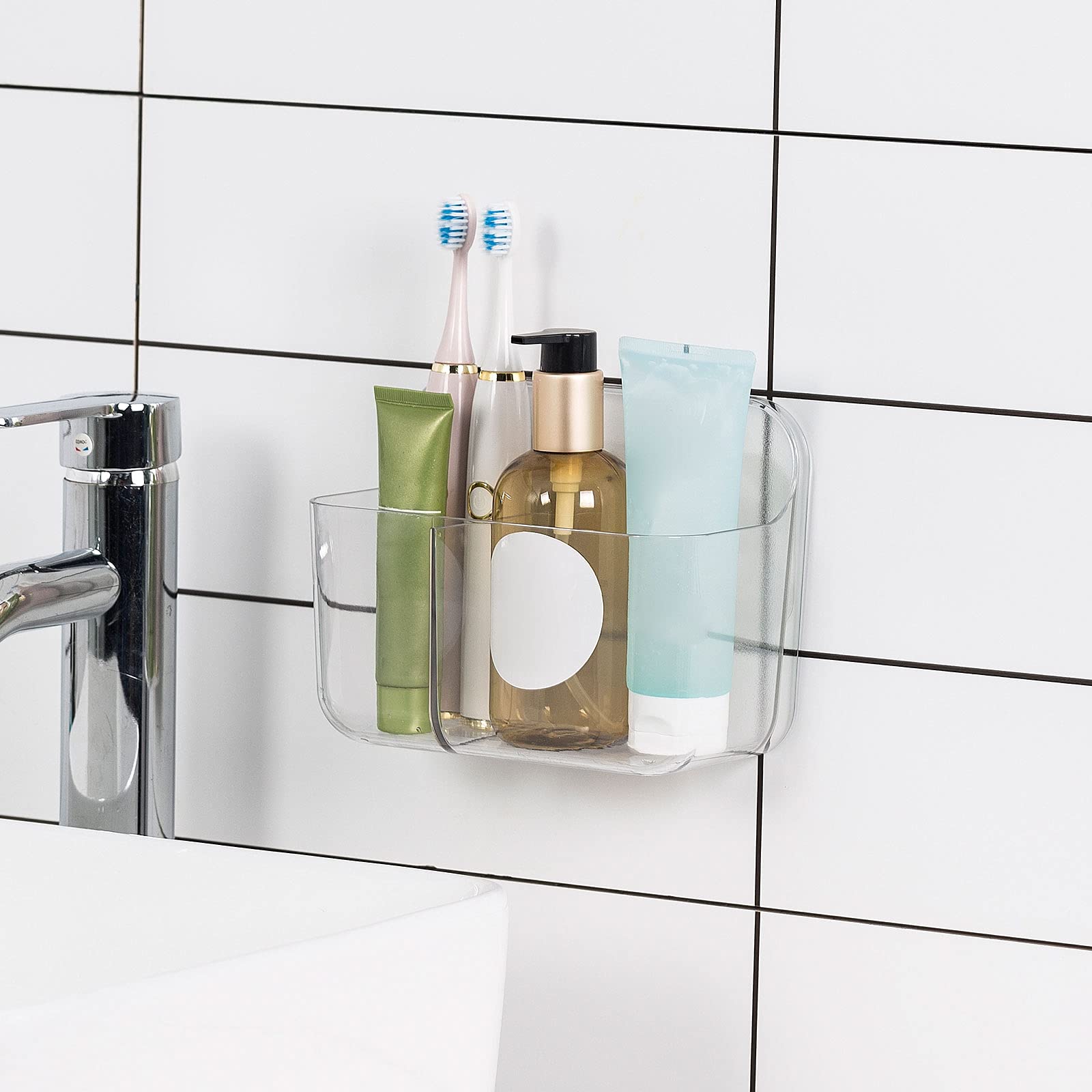Ettori Toothbrush Holder - 2 Compartment Wall Mounted Bathroom Organizer, No Drill Adhesive Shower Caddy for Toothbrushes & Essentials - Clear Plastic Storage Solution for Bathroom, Kitchen & Small Spaces