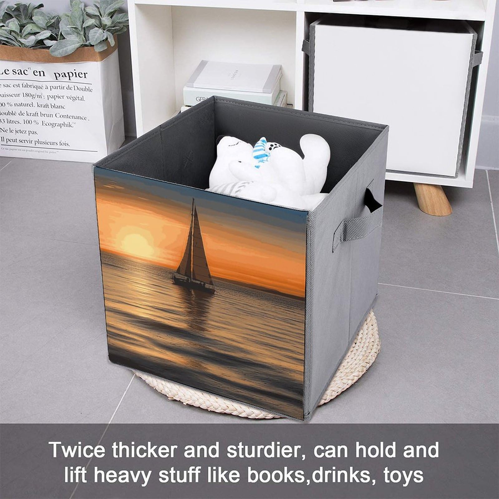 Sunset Beach Sailboat Printed Storage Baskets - 2 Pack Fabric Storage Bins & Containers for Home Organization | Perfect for Closet, Nursery, Laundry & Toy Storage