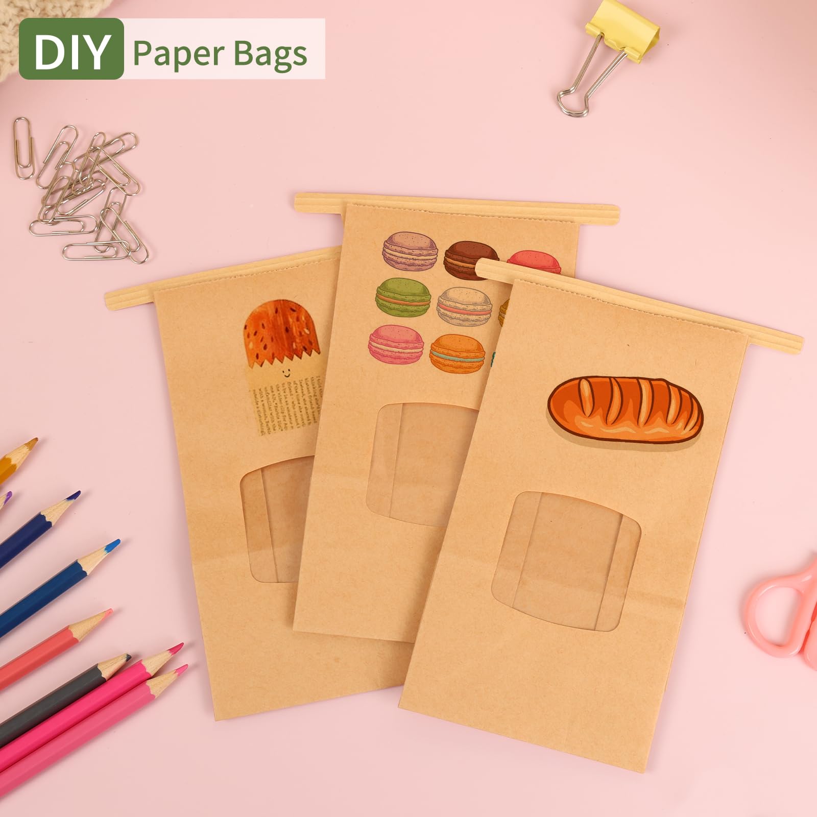 Moretoes 100pcs Small Bakery Bags with Window - 3.54x2.36x6.7in Kraft Paper Cookie Bags with Tin Tie Closure | Perfect for Cookies, Pastries, Cupcakes & Party Favors | Eco-Friendly Brown Pastry Bags for Bakeries & Home Baking