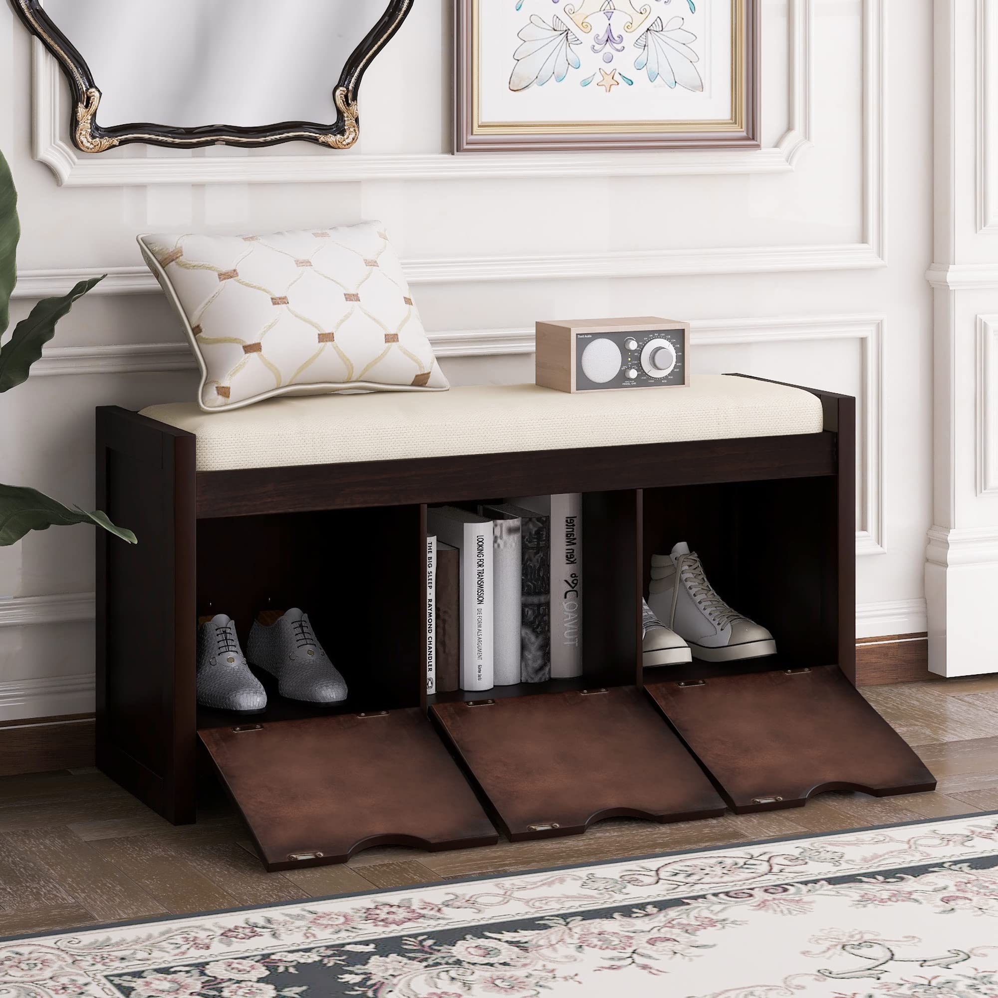 Storage Bench with Removable Cushion & 3 Flip-Lock Storage Compartments - Entryway Seat, Living Room Organizer (Espresso) - Perfect for Small Spaces, Hallway Storage & Shoe Bench