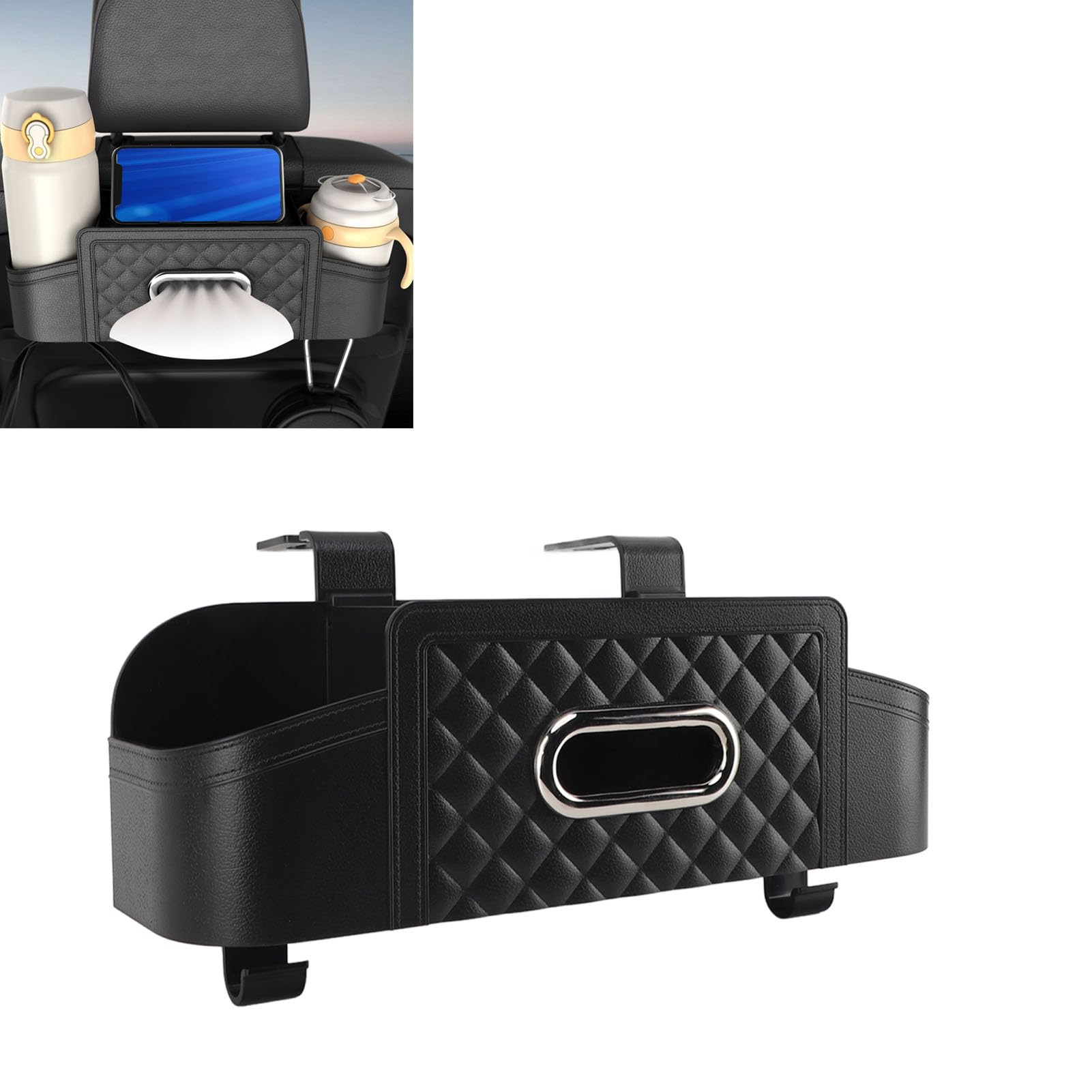 Car Backseat Tissue Box Holder - Plastic Multifunctional Storage Organizer with Cup Holder for Travel Accessories (Black) | Perfect for Road Trips & Family Car Organization