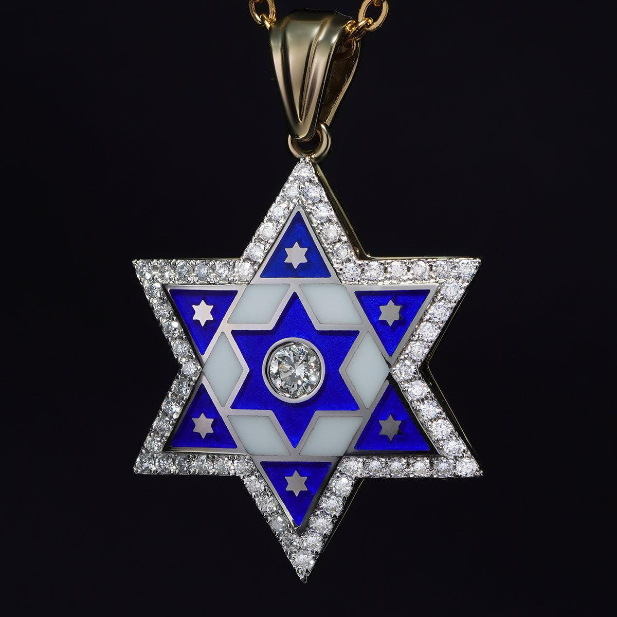 14K Gold Star of David Pendant Necklace with Enamel & 61 Diamonds - Elegant Jewish Jewelry for Hanukkah, Bar Mitzvah & Special Occasions