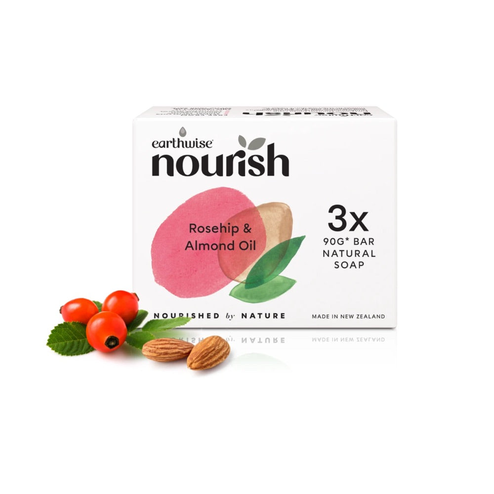 Earthwise Nourish Natural Soap Bar with Rosehip & Almond Oil - 3 Pack (90g Each) for Gentle Cleansing & Skin Hydration - Perfect for Dry, Sensitive Skin & Daily Facial/Body Care