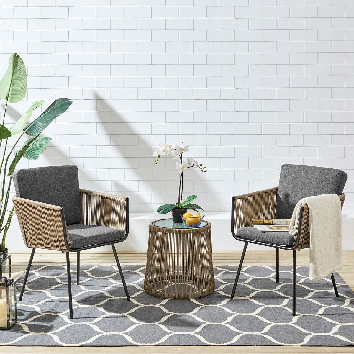 Barton 3-Piece Gray Wicker Patio Furniture Set with Glass Table - Modern Rattan Outdoor Conversation Seating for Garden, Poolside & Backyard Relaxation
