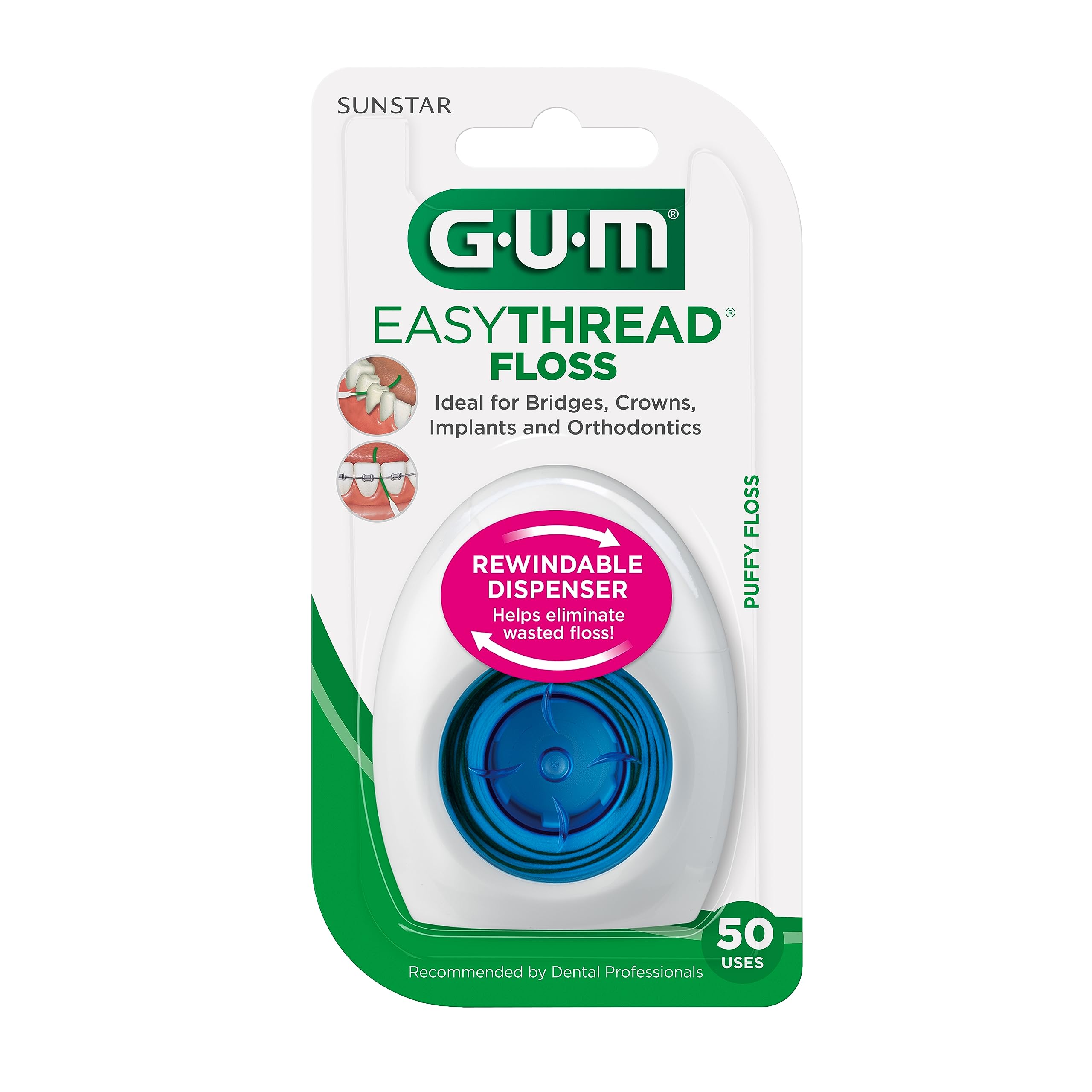 GUM EasyThread Expanding Dental Floss for Braces, Bridges & Implants - 50 Pre-Threaded Flossers with Built-in Rigid Threaders - Perfect for Orthodontic Care & Oral Hygiene at Home or Travel