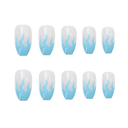 24PCS Flame Coffin Square Press On False Nails - Blue Acrylic Fake Nails with Fire Design for Women & Girls | DIY Manicure, Salon Quality | Perfect for Parties, Weddings & Special Occasions