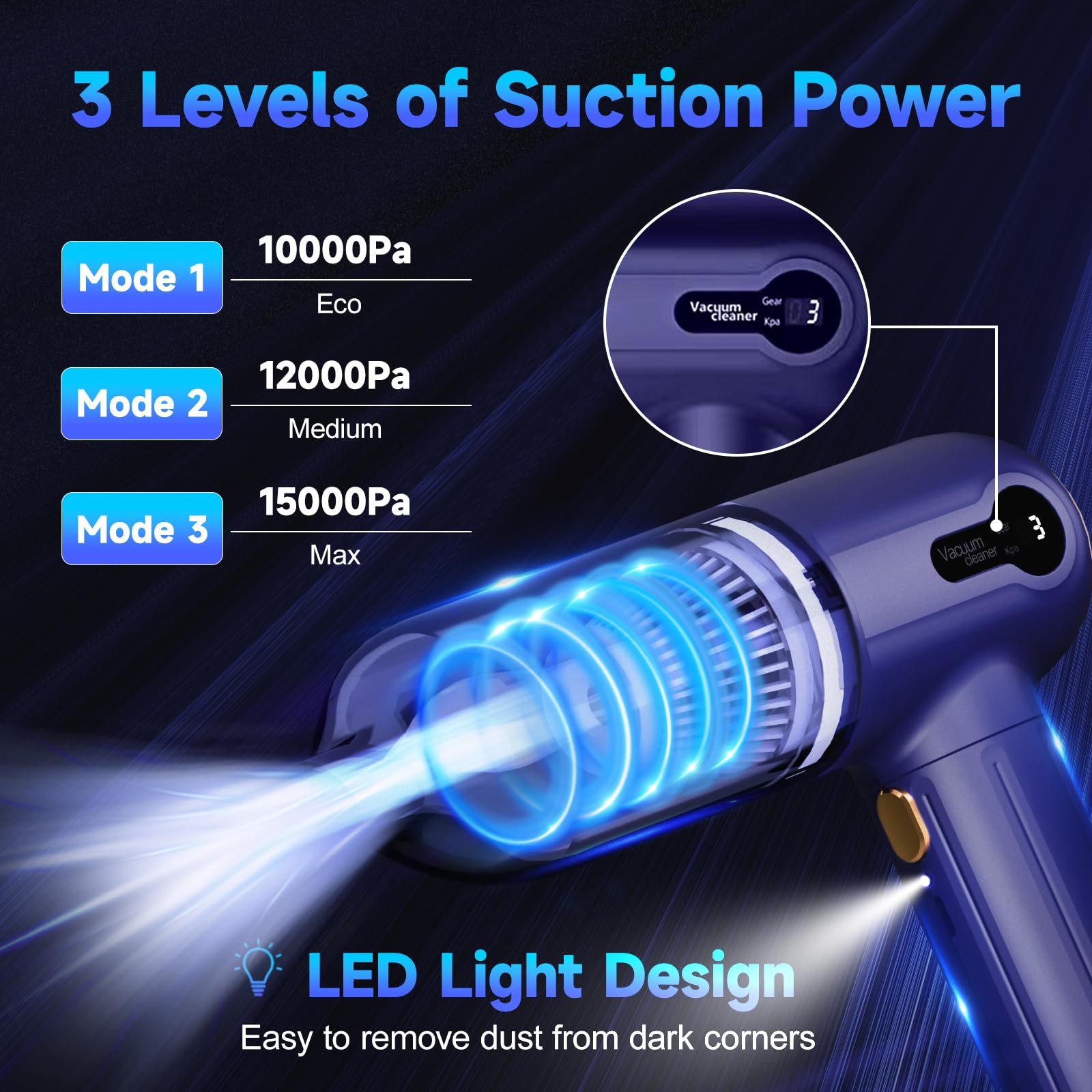 **15KPa Cordless Handheld Vacuum Cleaner - 4000mAh, 80W High Power, LED Light & Digital Display - 3 Speeds & 7 Nozzles for Car, Home, Office, Pet Hair - Portable 3-in-1 Mini Vacuum for Quick Cleaning & Mess-Free Spaces**