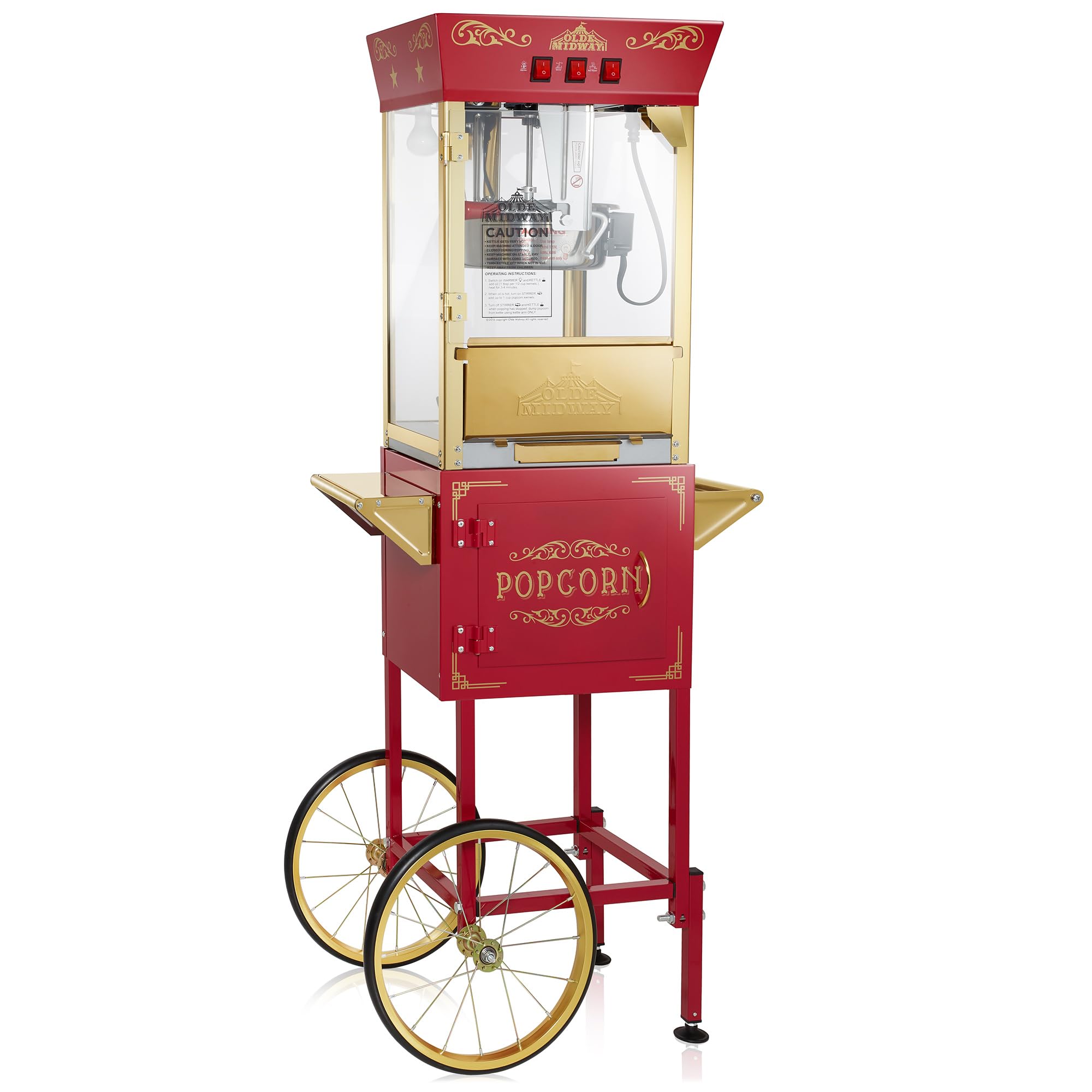 Olde Midway Vintage-Style Popcorn Machine with Cart & 10-Oz Kettle - Red Commercial Theater Popper on Wheels for Home, Parties & Movie Nights