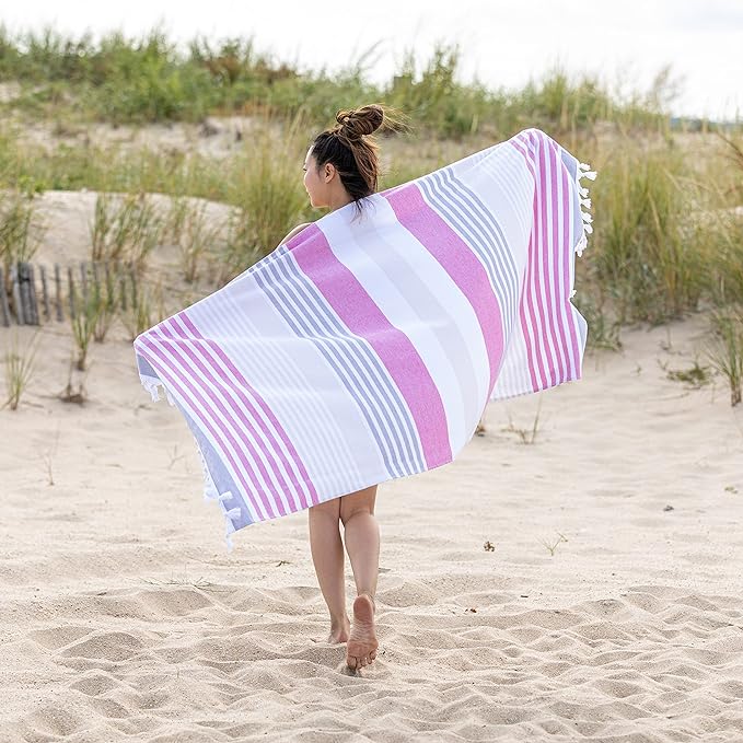 Meera Stripe Fouta 2-Piece Beach Towel Set with Tassels | Soft Quick-Dry Turkish Cotton Towels for Pool, Beach, Yoga & Spa | Perfect Summer Accessories