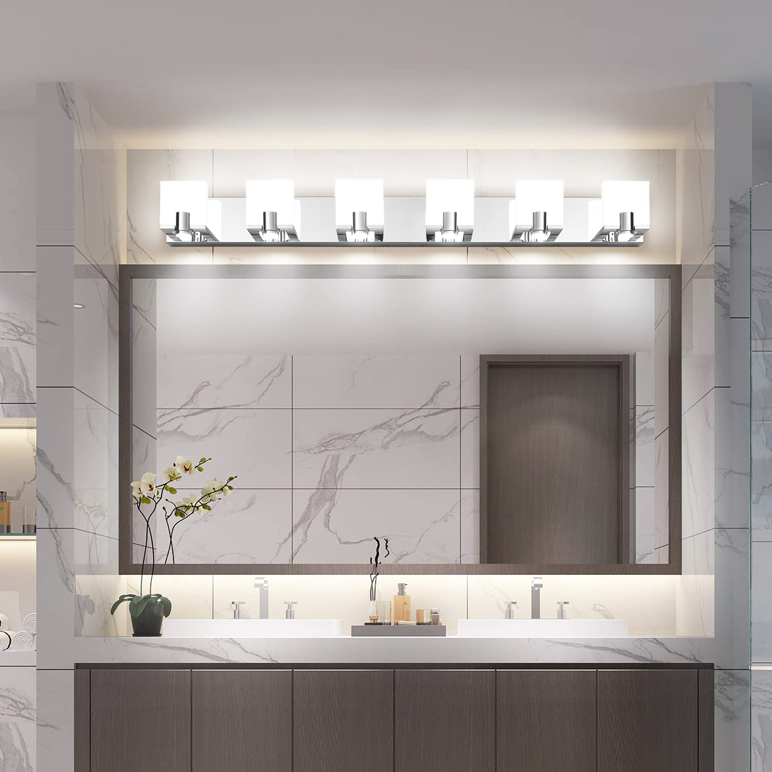 SOLFART 42.1 Inch Dimmable LED Vanity Light - 6-Light Modern Bathroom Mirror Fixture in Gloss Chrome | Perfect for Bathroom Makeup Lighting, Dressing Room Illumination & Modern Home Decor
