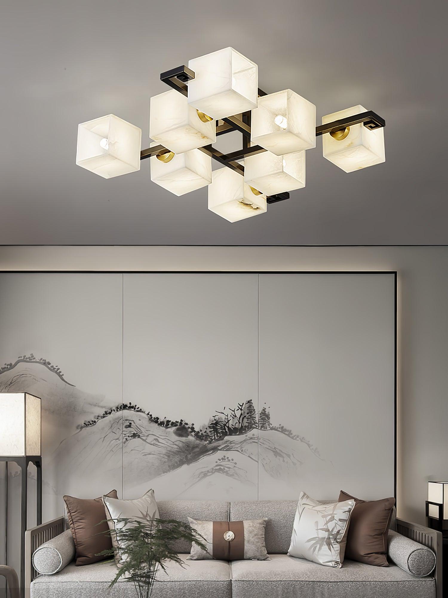 Modern Cubist Alabaster Cluster Ceiling Light - Geometric Chandelier for Dining Room, Living Room & Bedroom Lighting