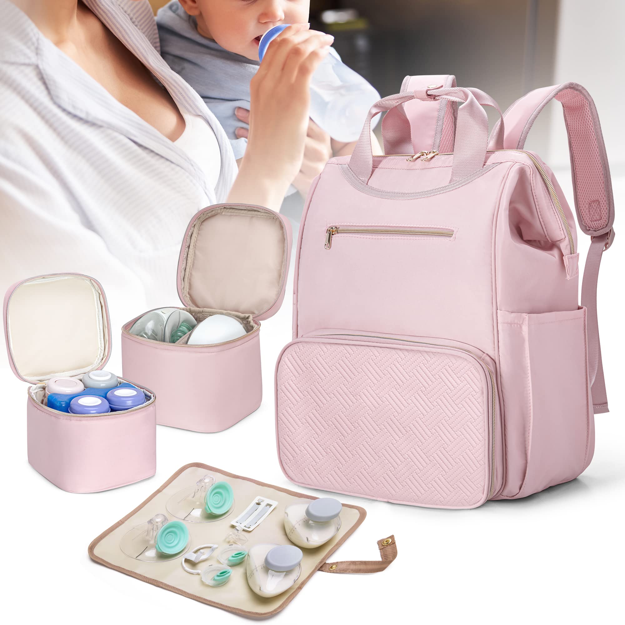 Fasrom Wearable Breast Pump Bag Backpack with Insulated Cooler & Tote - Hands Free Pumping for Momcozy, Medela, Elvie Pumps (Pink, Patent Design) - Perfect for Work, Travel & On-the-Go Nursing Moms