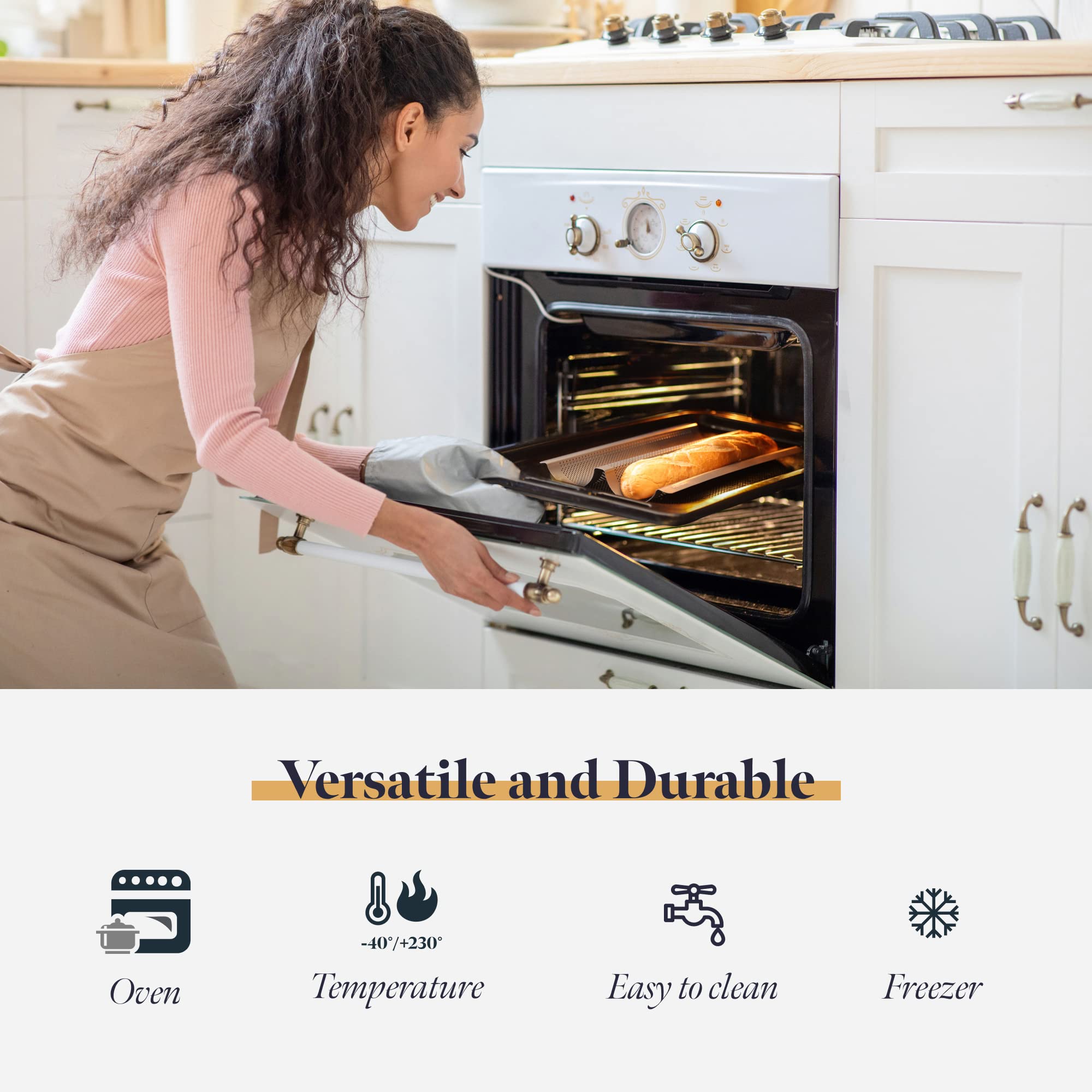 Non-Stick Baguette Baking Pan - French Bread Loaf Tray for 2 Perfectly Baked Baguettes - Perforated Champagne Baguette Bake Pan for Home & Professional Baking - Ideal for French Bread, Artisan Loaves & Pastries