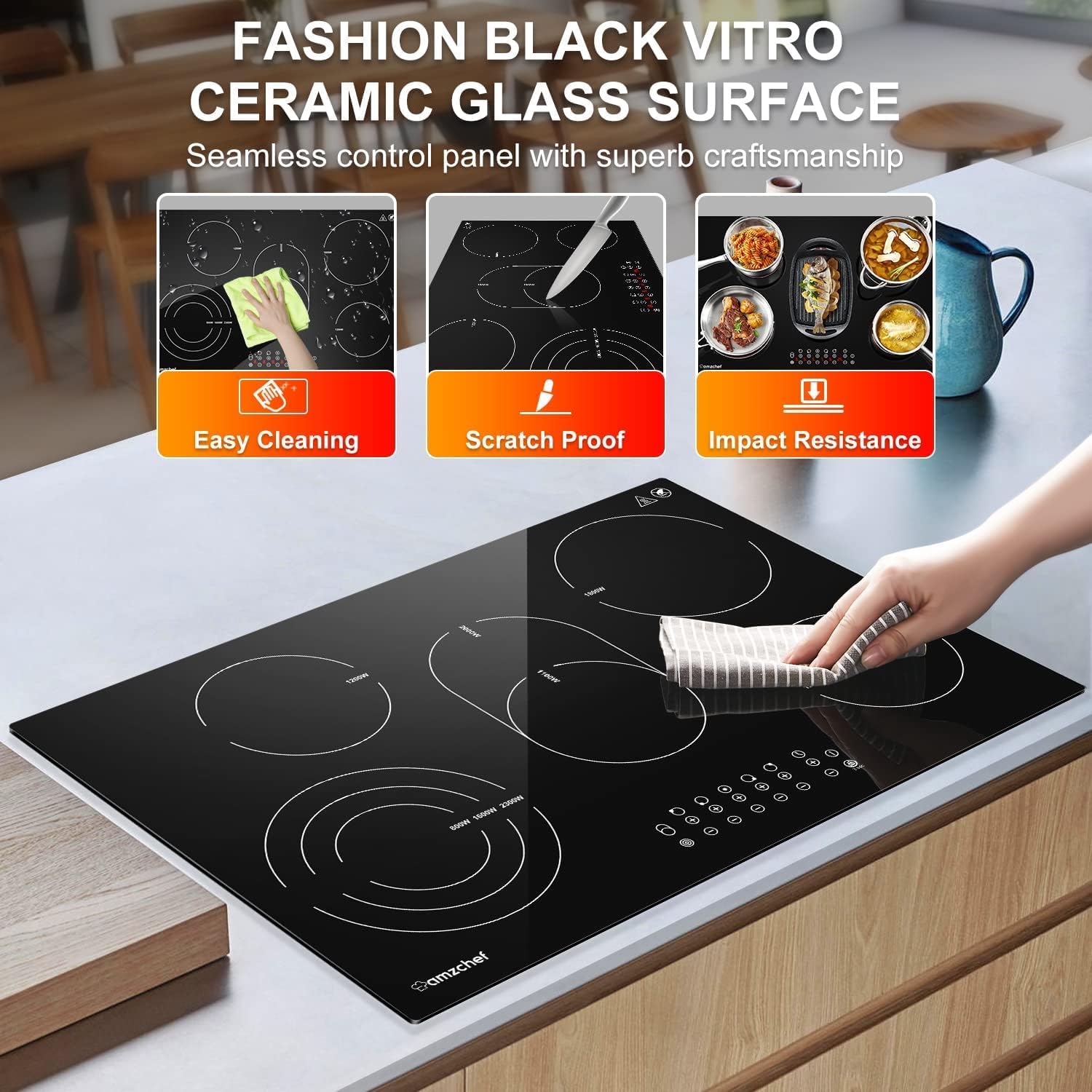 AMZCHEF 30 Inch 8500W 5-Burner Electric Stove Cooktop - Drop-in Ceramic Glass Cooktop with Child Lock & Timer, 220-240V Hardwired - Perfect for Home Kitchen, Restaurant & Commercial Cooking