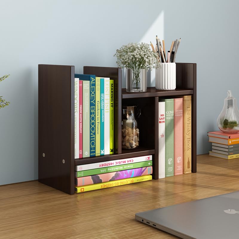 Adjustable Wooden Desktop Bookshelf - Expandable Storage Organizer for Office & Home, Brown Desk Organizer with Display Shelf - Perfect for Books, Files, Office Supplies & Home Decor