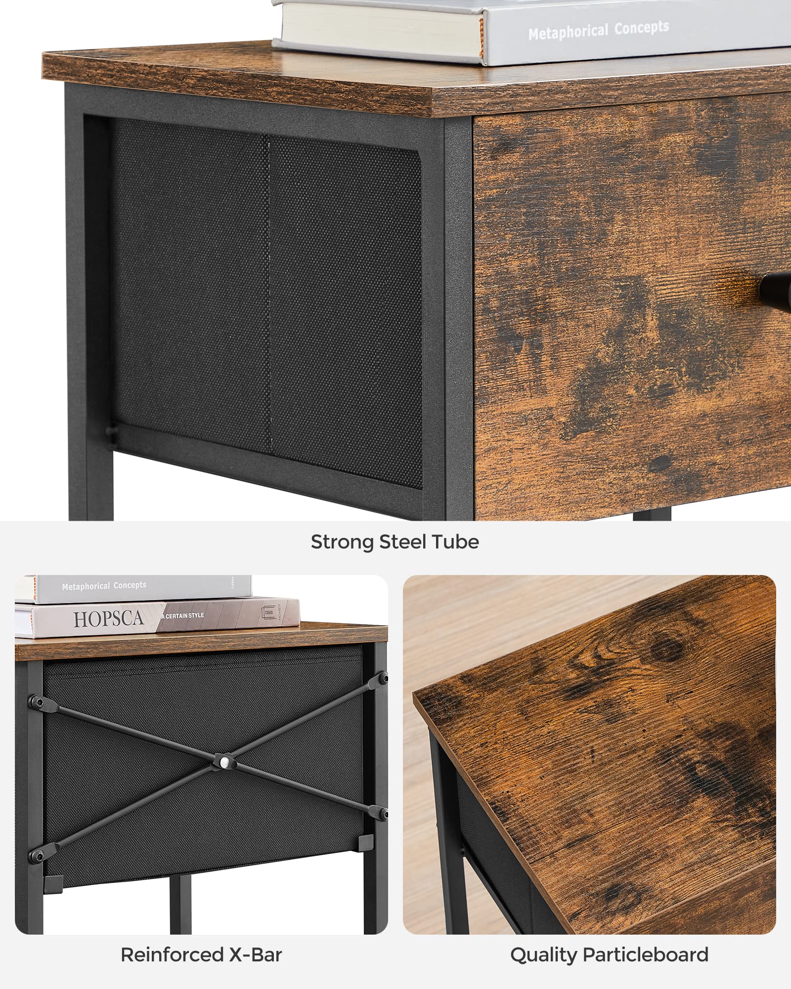 VASAGLE Nightstand Set of 2 - 24 Inch Tall Rustic Brown and Black Side Tables with Fabric Drawer & Storage Shelf for Bedroom - Perfect for Small Spaces, Apartment Living, and Guest Rooms ULGS221B01V1