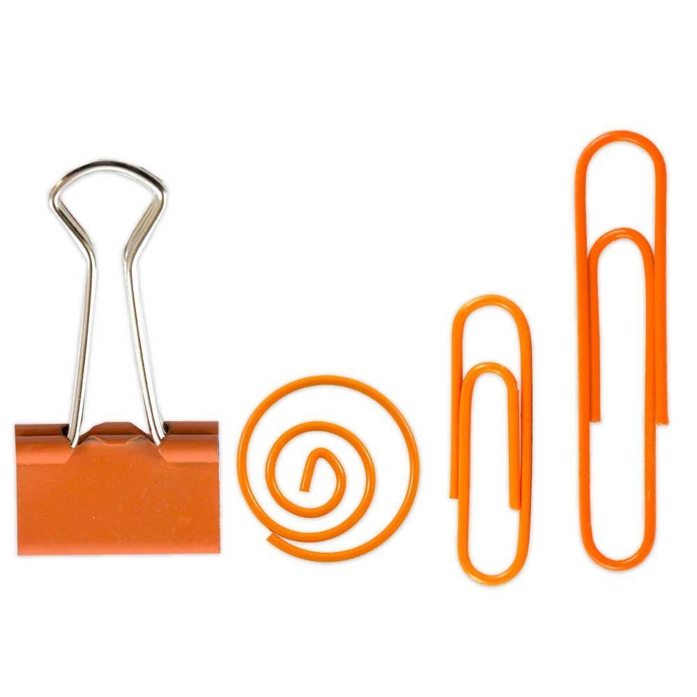 JAM PAPER Office Clip Assortment - 1 Binder Clip, 1 Round Paper Cloop, 2 Paper Clips (Regular & Jumbo) - 4-Pack Orange - Perfect for Organizing Documents, School Supplies, and Office Work