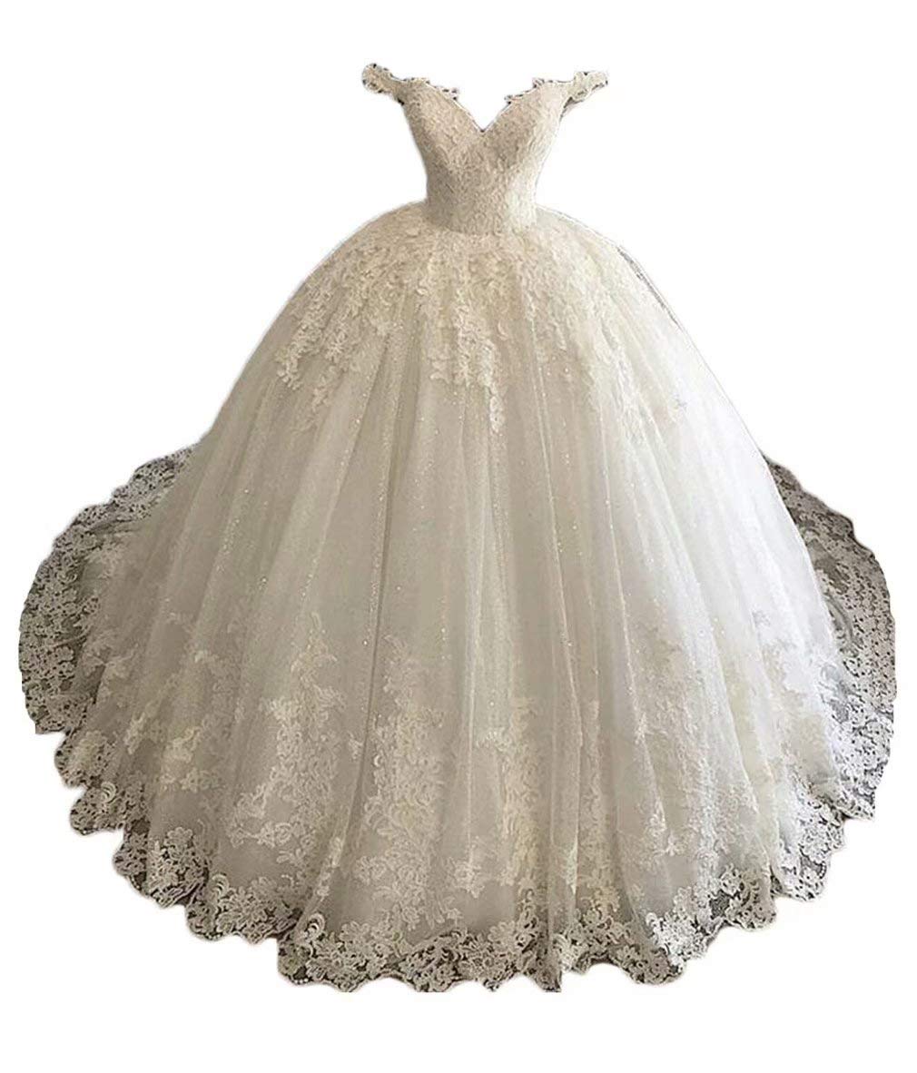 Ri Yun Women's Off-The-Shoulder Lace Wedding Dress - Elegant Bridal Gown with Appliques for Cathedral Ceremonies | Perfect for Beach Weddings, Vow Renewals & Formal Events