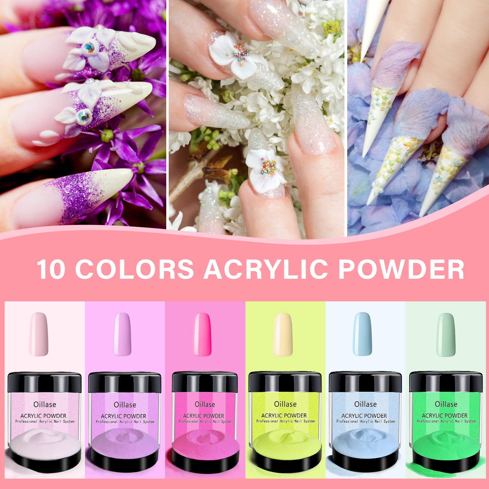 Professional Acrylic Nail Kit for Beginners - 10 Color Powder Set with Brushes | Nail Extension & Manicure Supplies for Salon & Home Use