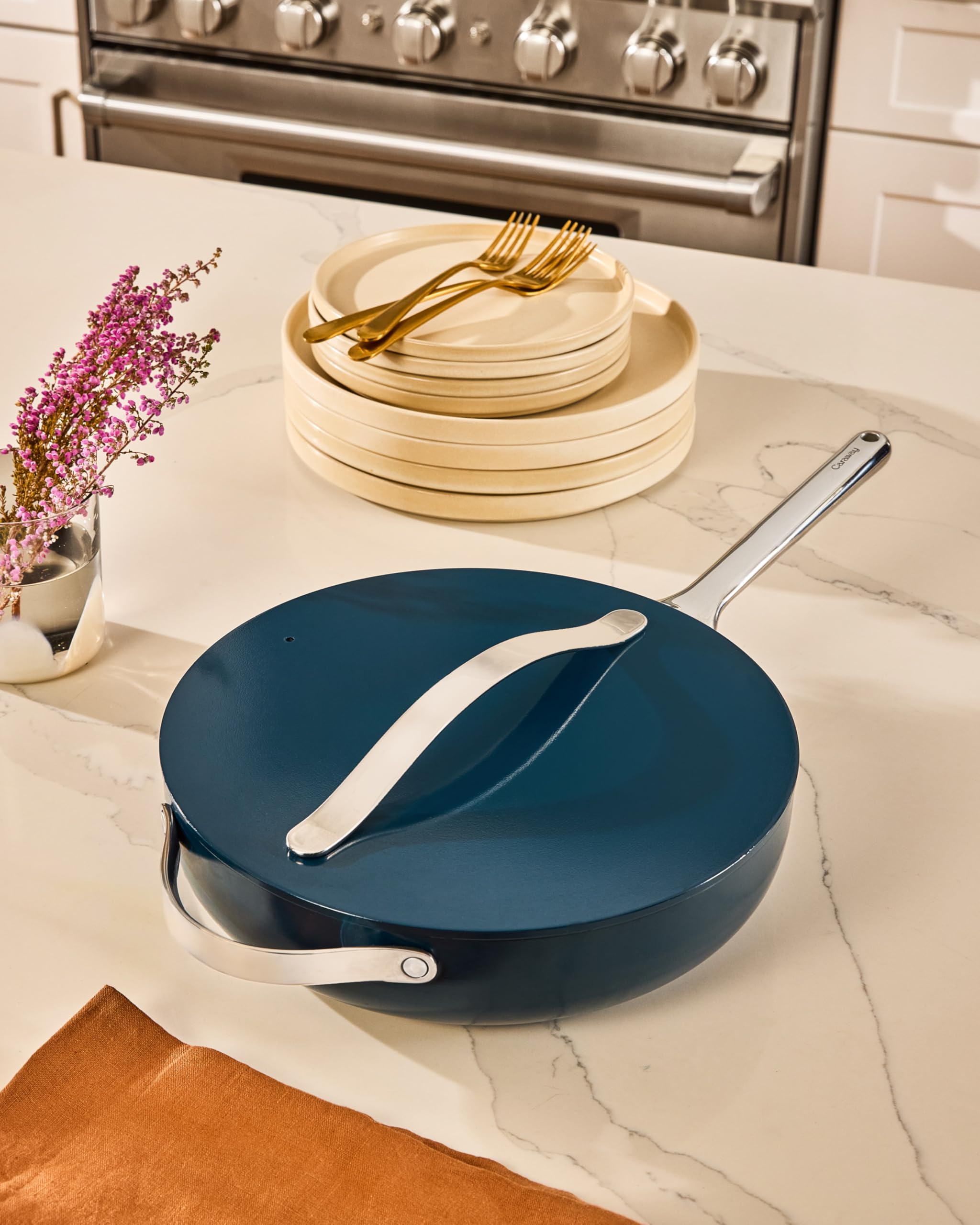 Caraway Nonstick Ceramic Sauté Pan with Lid - 4.5 Quart, 11.8 Inch Oven Safe Cookware - PTFE & PFOA Free Non-Toxic Frying Pan for Gas, Electric & Induction Stovetops - Perfect for Sautéing, Frying & Simmering - Elegant Gray Kitchen Essential