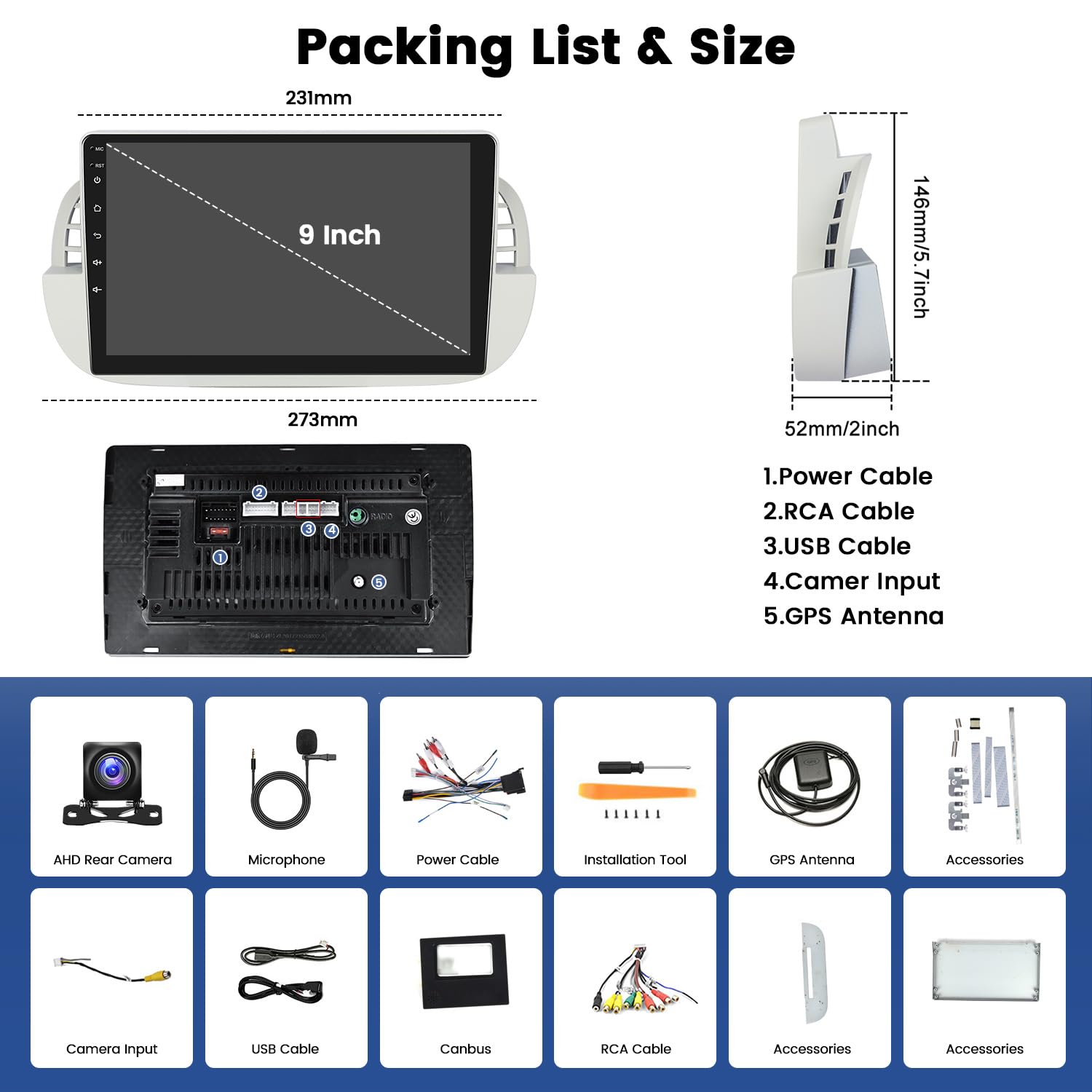 2+64GB Hikity Android 13 Wireless CarPlay Stereo for Fiat 500 2007-2015 - 9 Inch HD Touchscreen Car Radio with Android Auto, GPS Navigation, Bluetooth, FM RDS & Backup Camera - Perfect for Road Trips & Daily Commuting