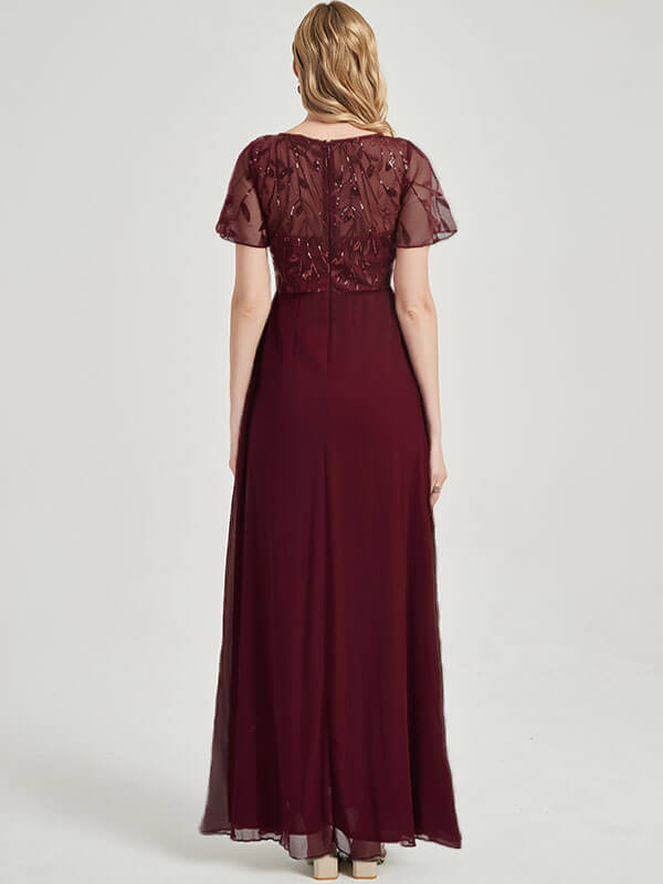 Burgundy Leaf Sequined V-Neck Ruffle Sleeves Chiffon Evening Dress for Women - Elegant Party Gown for Prom, Wedding, Cocktail & Formal Events