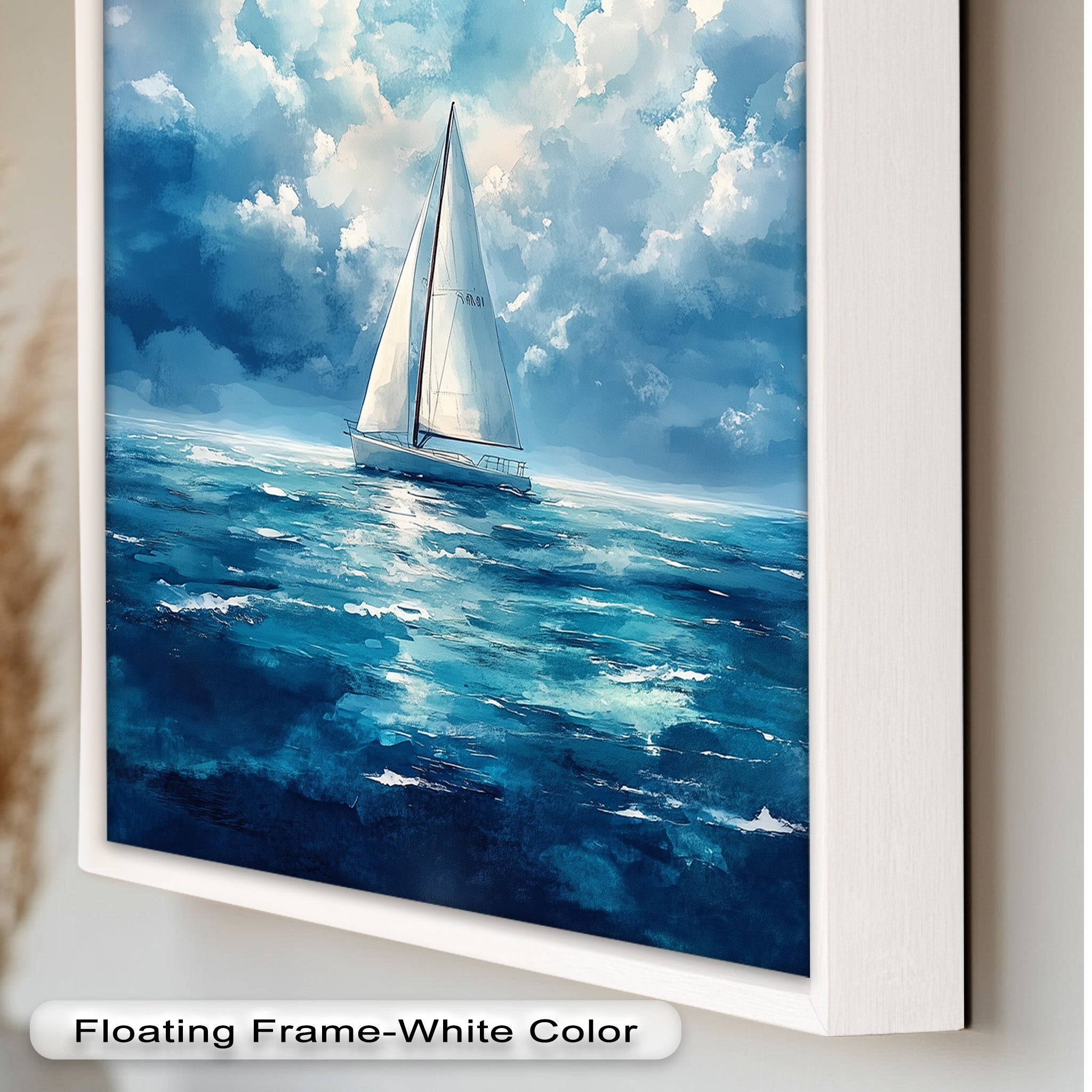 Blue Sky White Sailboat Oil Painting - Handmade Nautical Wall Art for Living Room, Bedroom & Office Decor