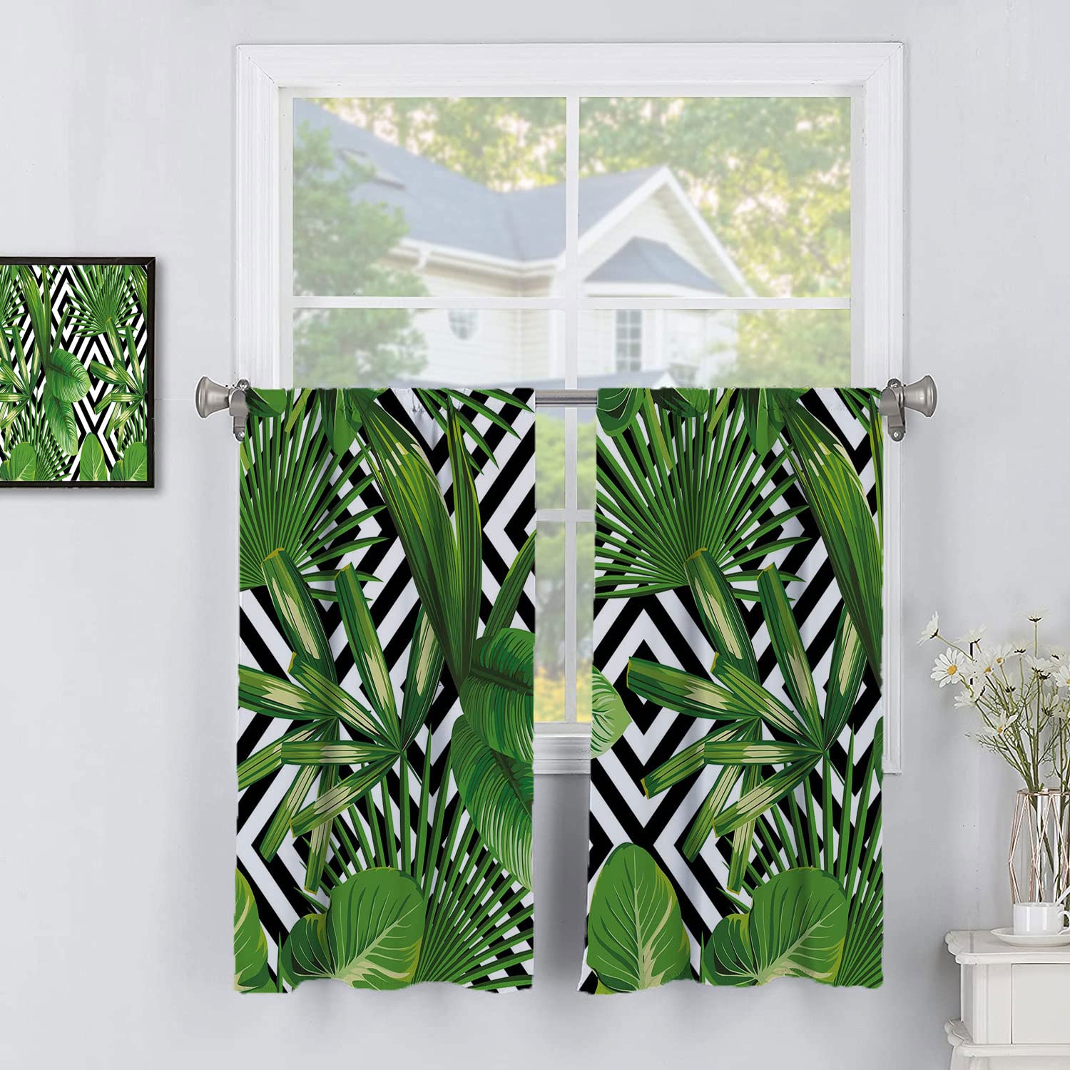 Tropical Palm Leaf Kitchen Curtains - 2 Panel Set with Black & White Geometric Background, Rod Pocket Design for Half Windows (42x36 Inches, Green) - Perfect for Bathroom, Basement & Jungle-Themed Decor