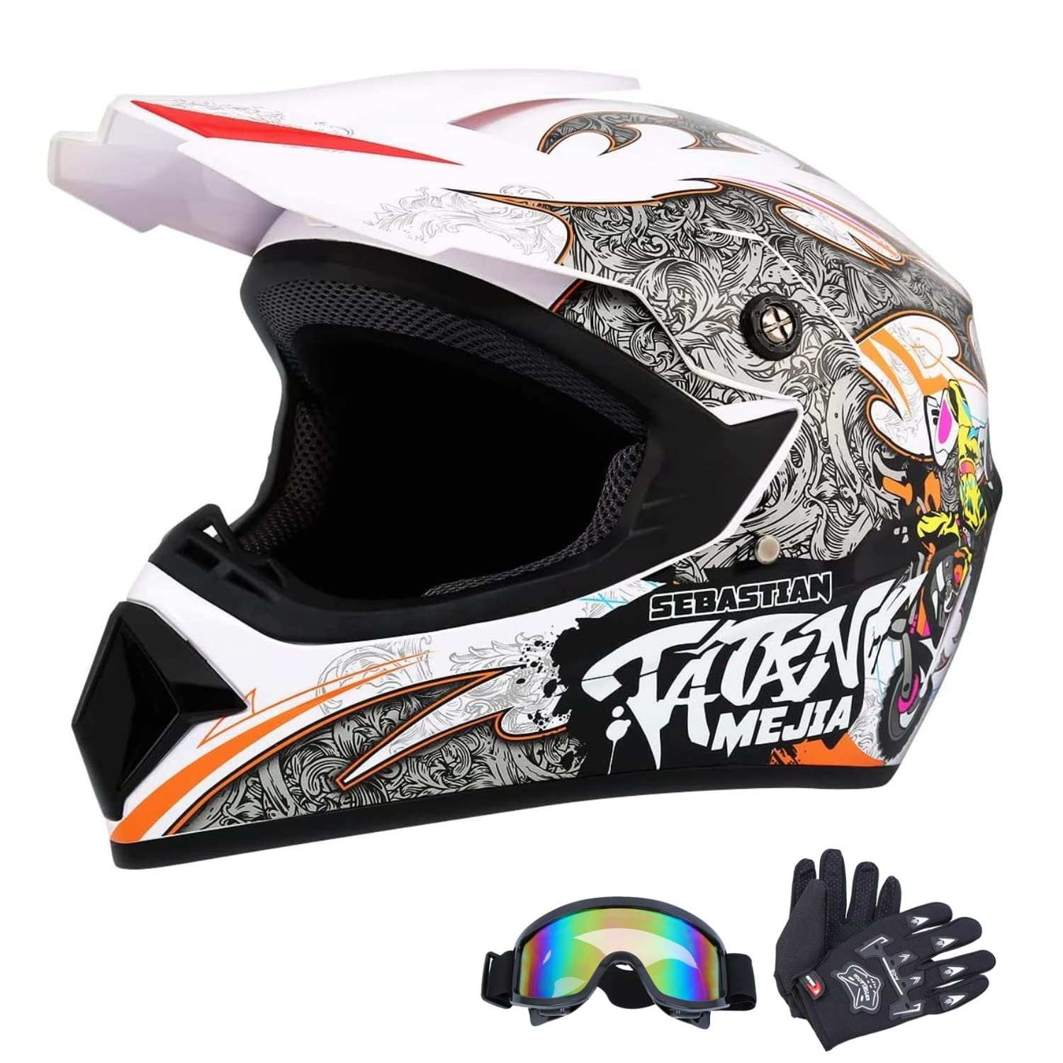 DOT Approved Motocross Helmet - Dirt Bike & Off-Road Helmet with Gloves & Goggles for Adults & Youth - X-Large White - Perfect for MX Racing, Trail Riding & ATV Adventures (FMVSS 218 Certified)