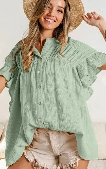 Dust Sage Gauze Wrinkle Shirred Top for Women - Breathable Summer Blouse for Casual Outings, Beach Cover-Up & Boho Fashion