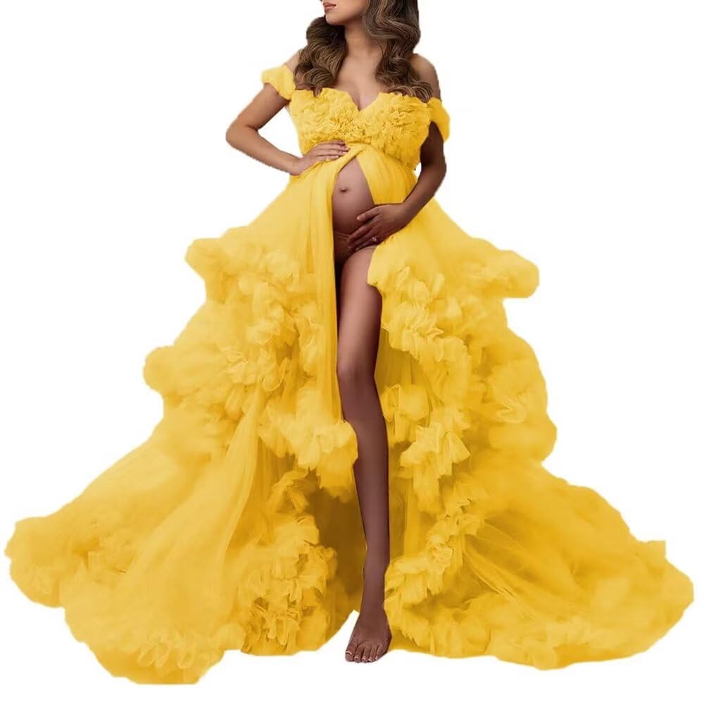 Elegant Long Puffy Maternity Dress for Baby Shower & Wedding - Soft Tulle V-Neck Photo Shoot Gown for Pregnancy Photoshoot & Special Occasions