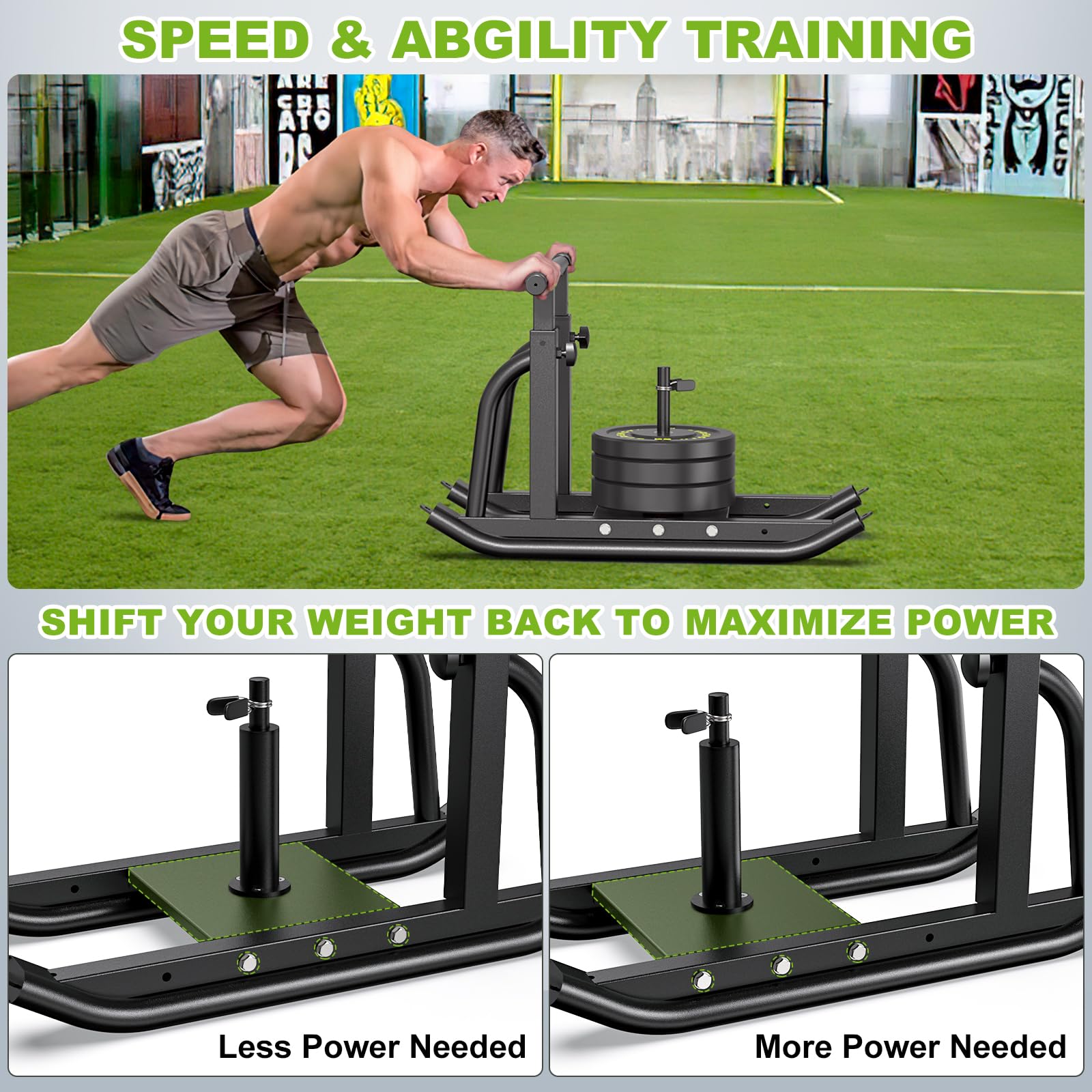Heavy Duty Weight Sled for Strength Training - Adjustable Push Pull Gym Sled with Height-Adjustable Handle - Fitness Equipment for Muscle Building & Speed Improvement - Compatible with 1