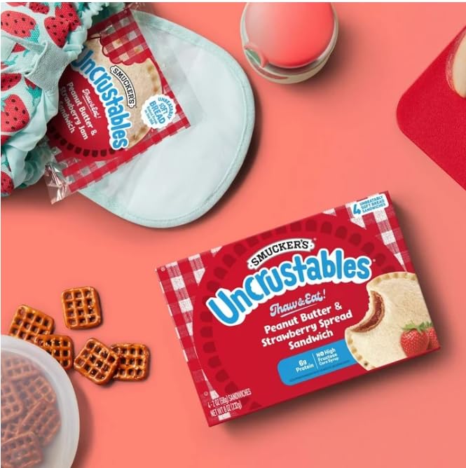 Uncrustables Peanut Butter & Strawberry Jam Frozen Sandwiches - 16 Packs (64 Count) | No-Crust PB&J Snacks for Kids Lunch, School, Picnics & On-the-Go