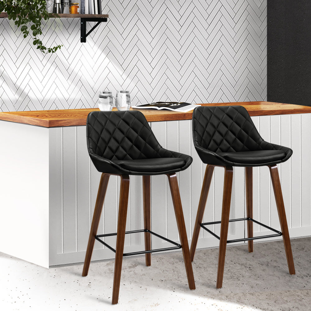 2 Bar Stools with PU Seat and Wooden Frame - Perfect for Kitchen Island, Breakfast Bar & Home Decor