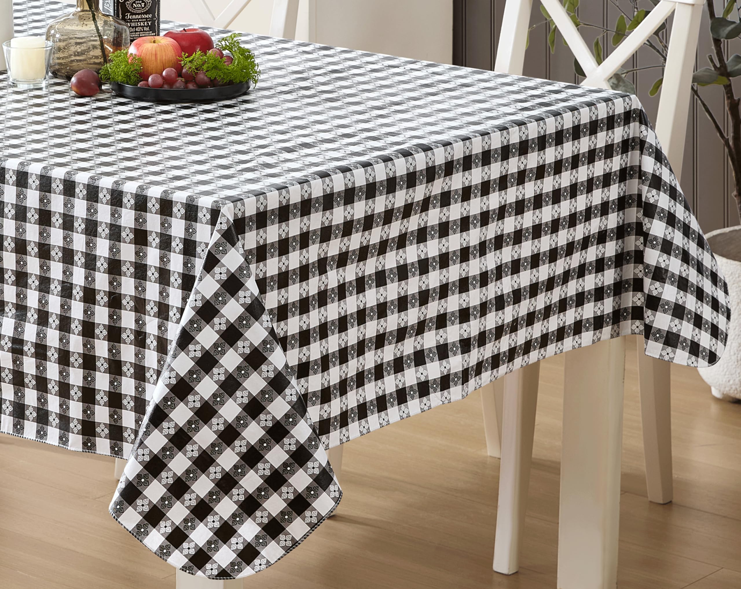 Newbridge 60 x 84 Inch Waterproof Rectangle Vinyl Tablecloth with Flannel Backing - Black & White Checkered Bistro Pattern - Durable Indoor/Outdoor Table Cover for Picnics, BBQs, Patio Dining, Restaurants & Cafe Decor