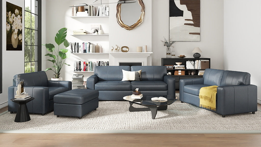 Roundhill Furniture Sakan Genuine Leather Upholstered Living Room Set - Sofa, Loveseat & Chair - Modern Sectional Couch for Home Theater, Family Room & Lounge Areas
