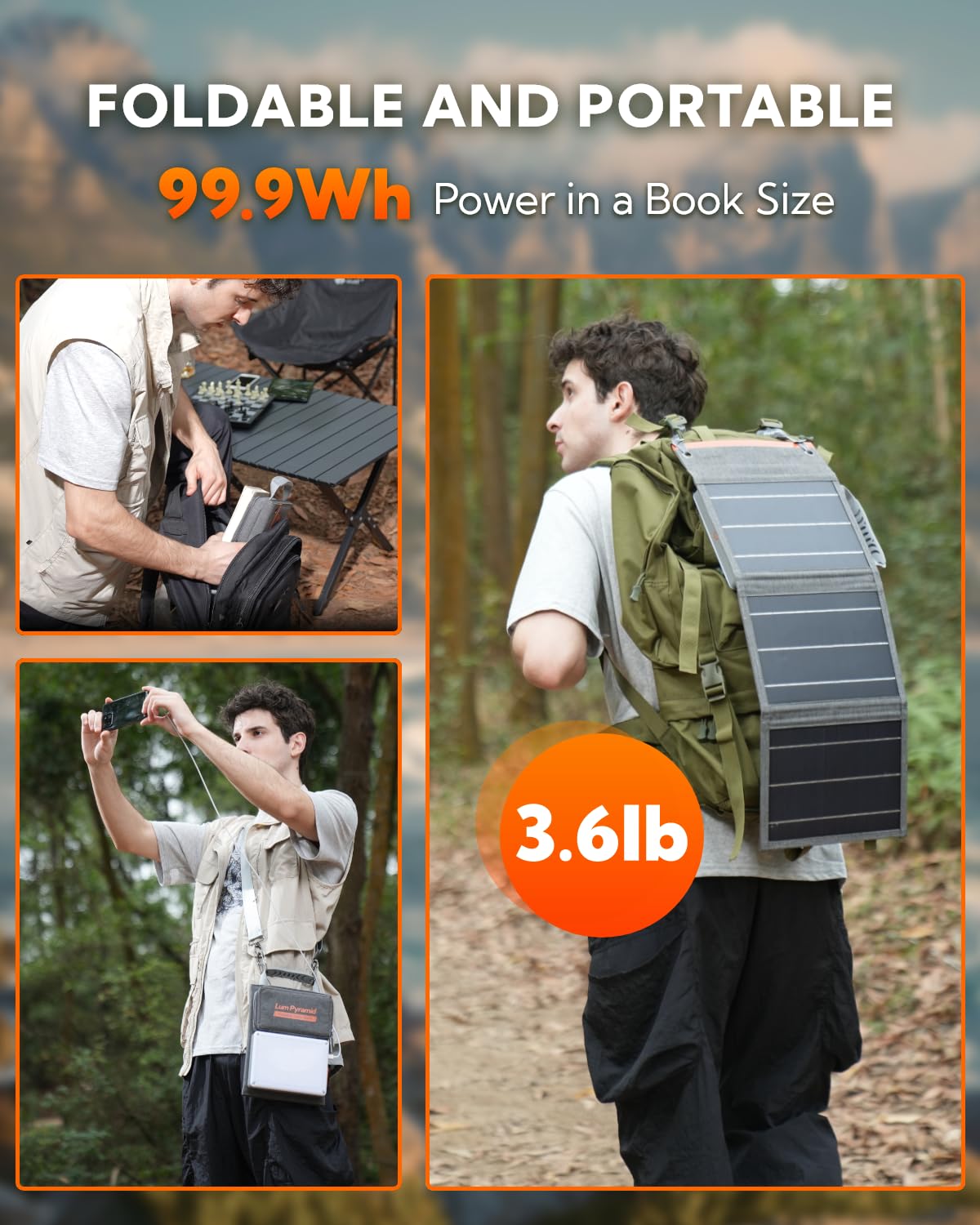 Portable Solar Charger 99.9Wh Power Bank with 24W Foldable Solar Panels, 600 Lumen Adjustable LED Camping Light, 65W PD USB-C & 22W QC3.0 USB-A Output - Perfect for Outdoor Camping, Hiking, Emergency Power Backup & Travel Charging